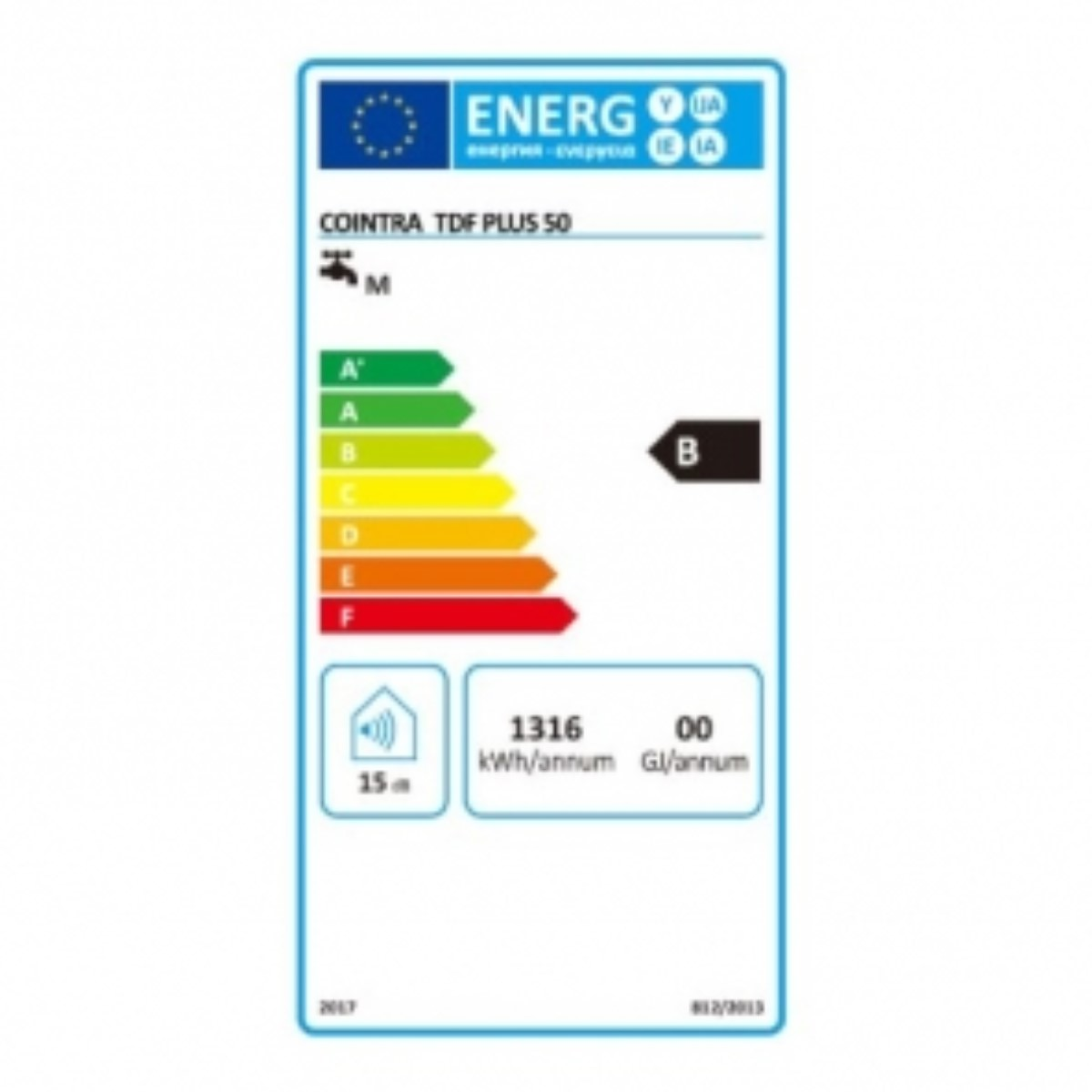Etiqueta energética con información. Muestra la clasificación de eficiencia, el consumo de energía y el nivel de ruido en dB.
