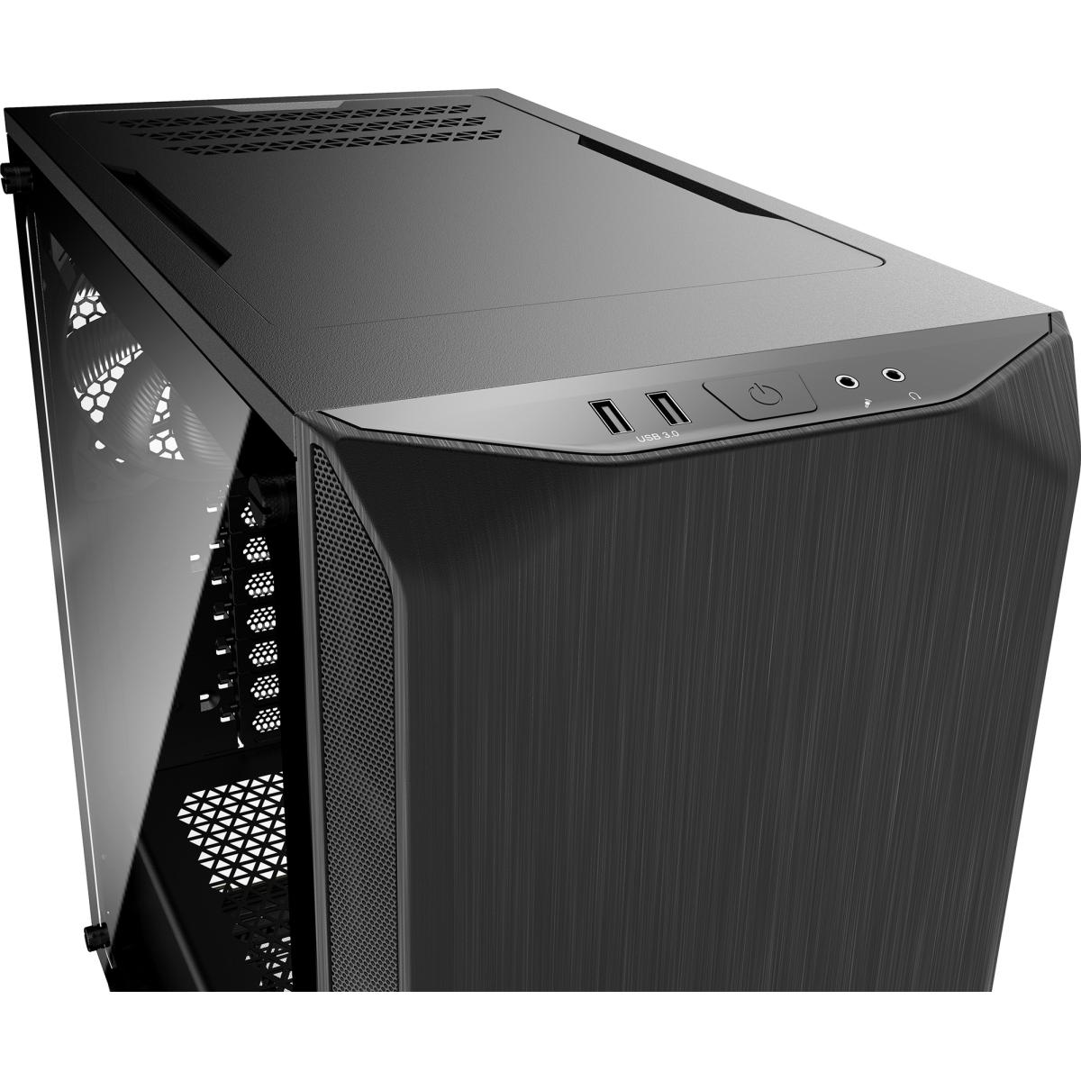 Schwarzes Computergehäuse mit Glasseite. Hat USB-Anschlüsse und einen Ein-/Ausschalter oben.