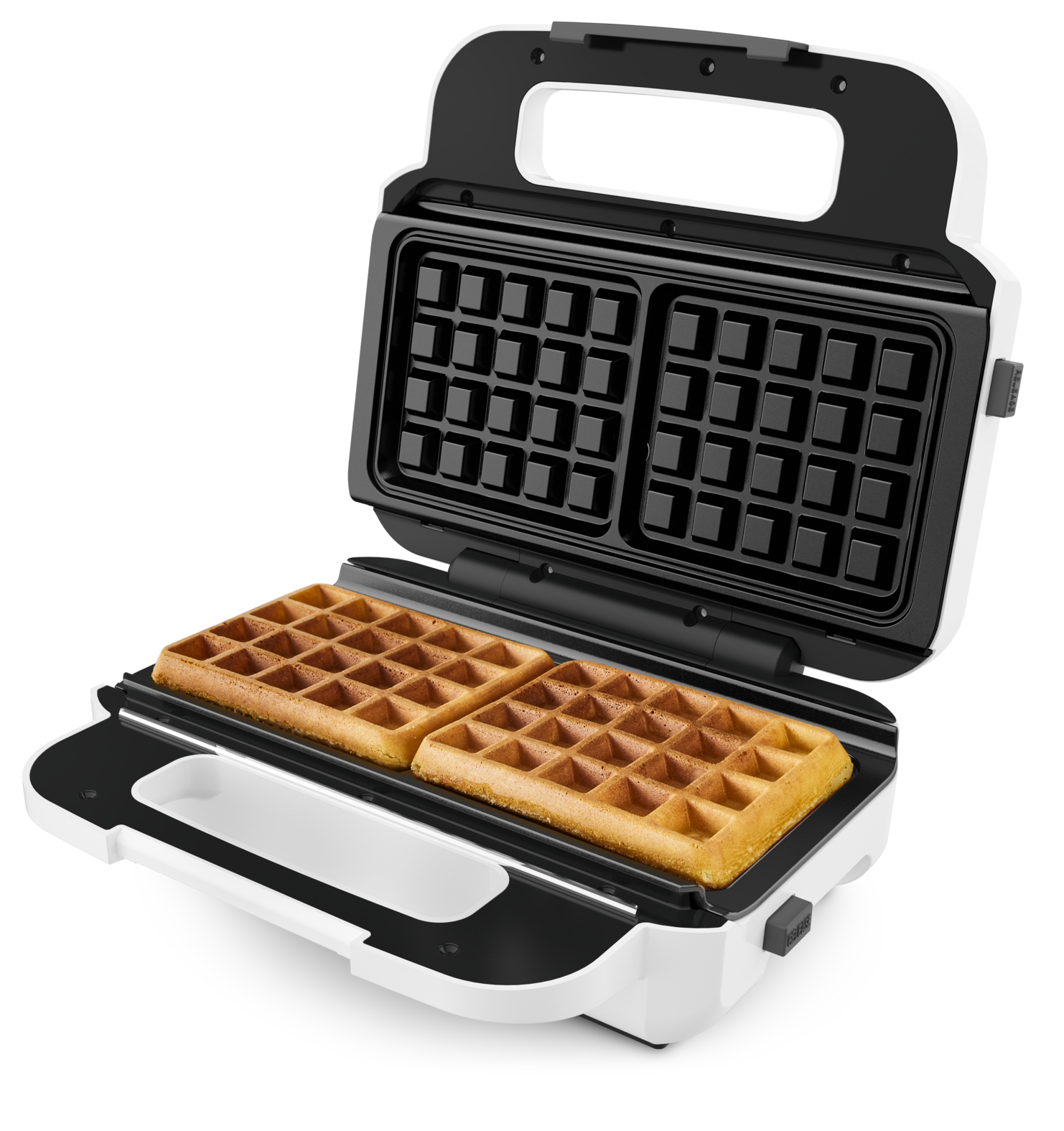 Otwarta gofrownica z dwoma upieczonymi goframi. Gofrownica jest biało-czarna.