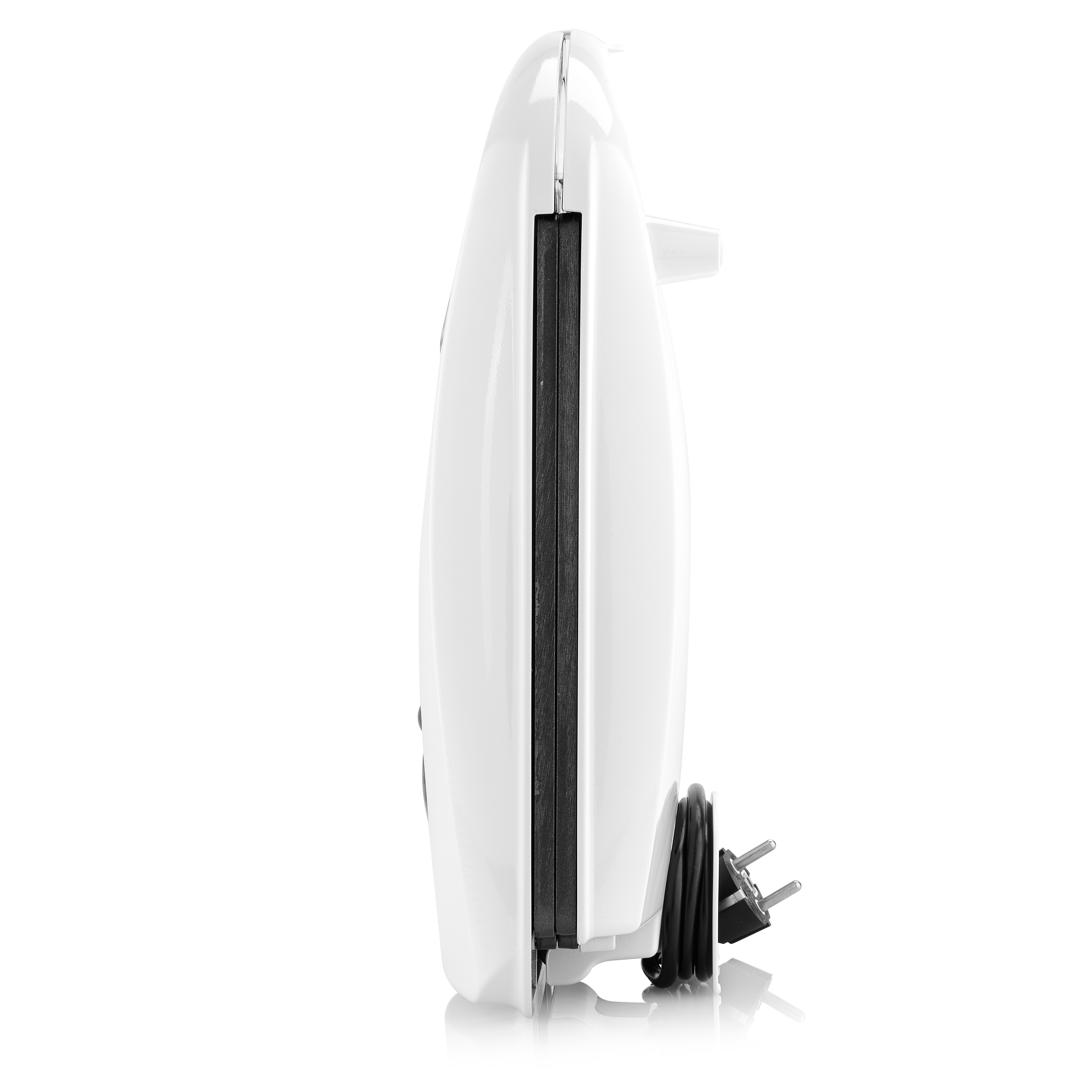 Máquina para hacer gofres blanca, vista lateral, con cable de alimentación y enchufe.