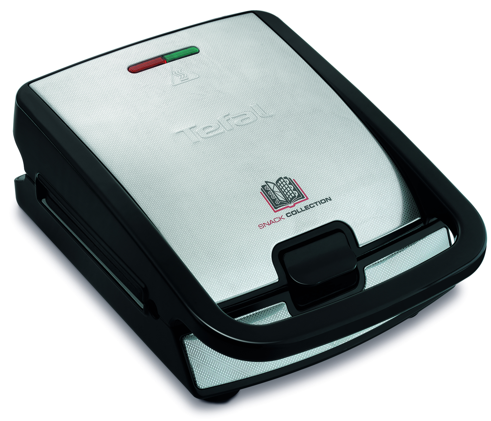 Schwarzer und silberner Tefal Snackmaker. Geschlossen, zeigt den Markennamen und ein Snack-Collection-Logo.