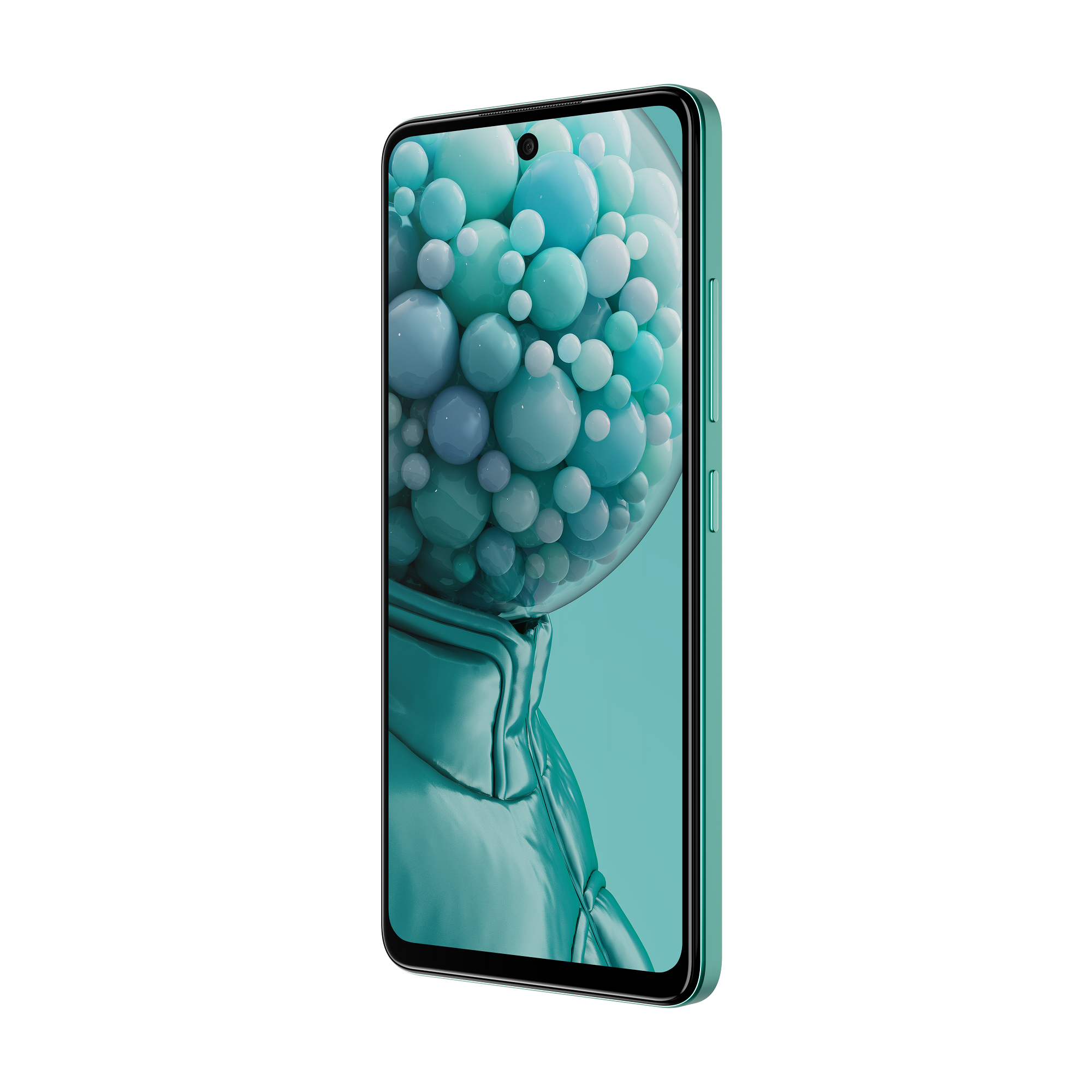 Smartphone verde con schermo che mostra bolle blu. Vista laterale, con una sfumatura turchese.