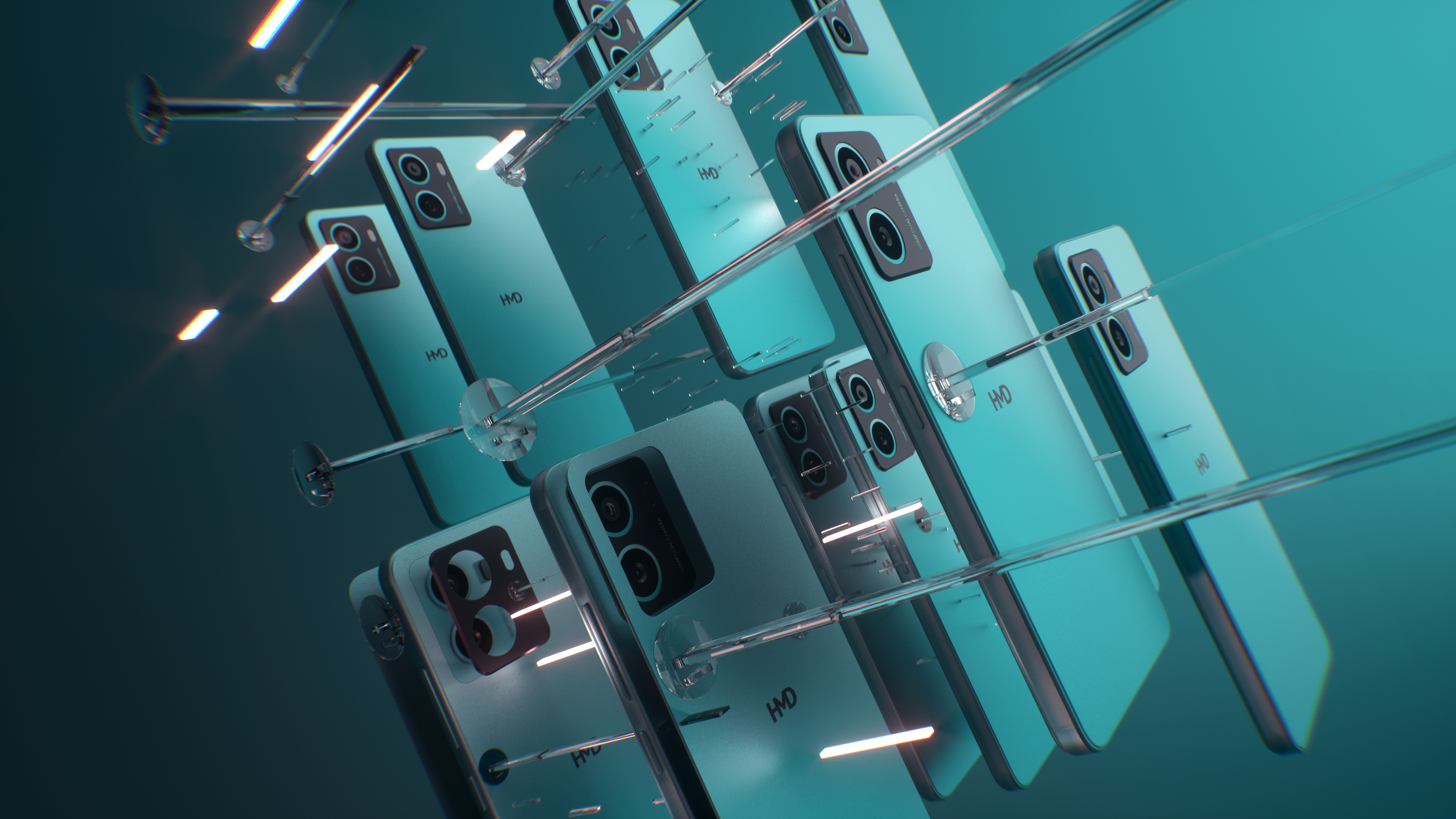 Più smartphone verde acqua in una composizione astratta, collegati da linee.