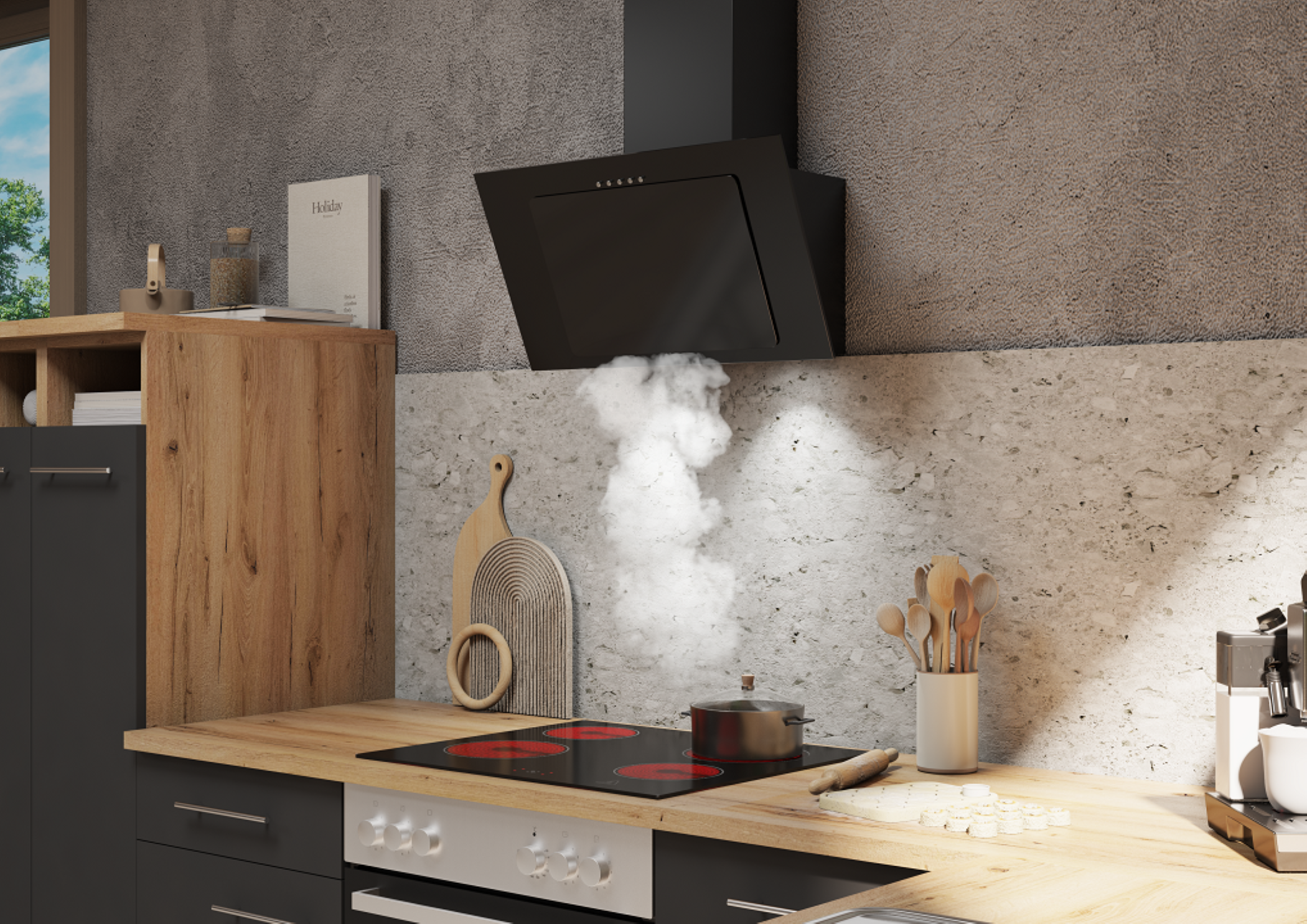 Een keuken met een zwarte afzuigkap, een houten aanrechtblad en een pan met stoom boven het fornuis.