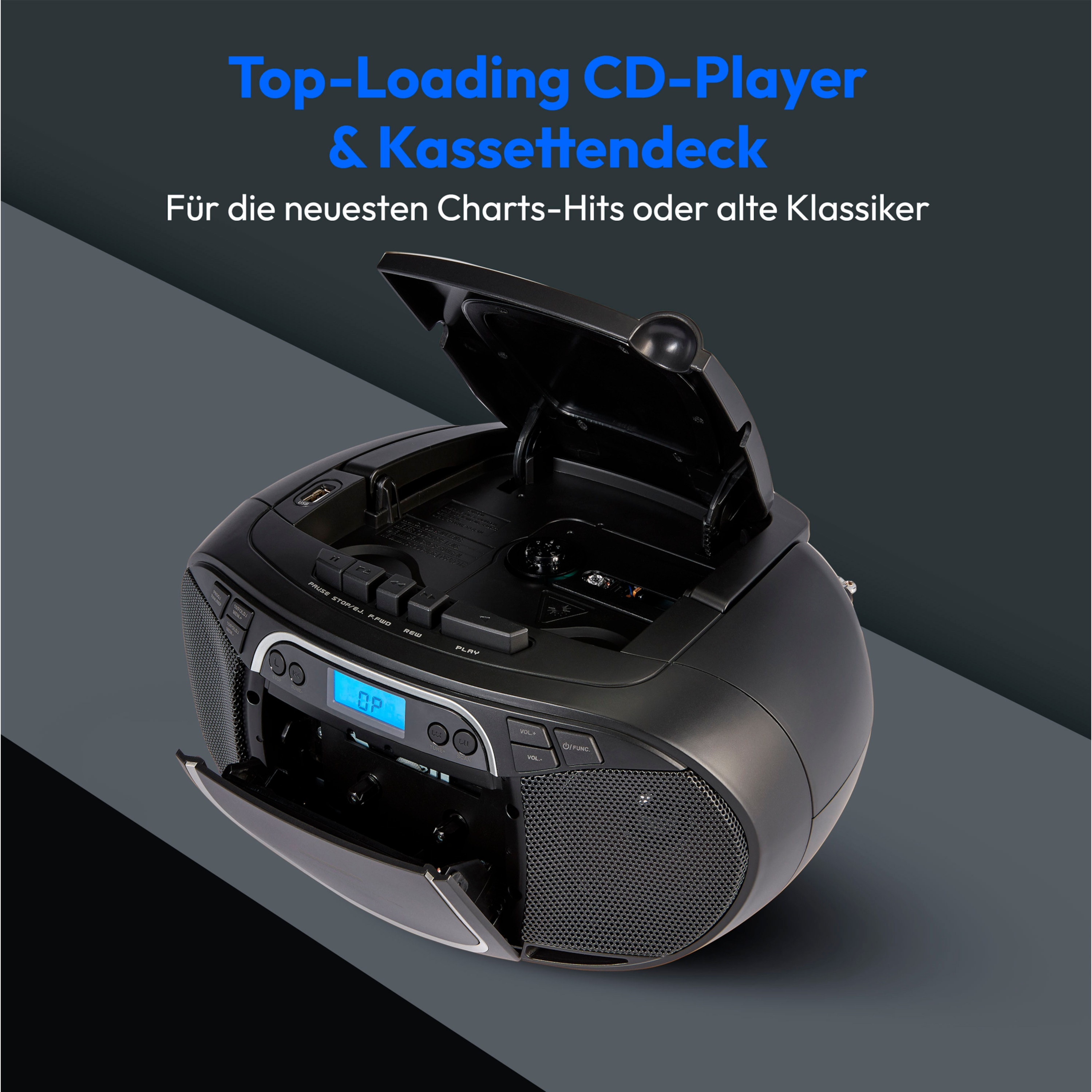 Schwarzer CD-Player und Kassettendeck. Die CD-Player-Tür ist geöffnet. Text: 'Top-Loading CD-Player'.