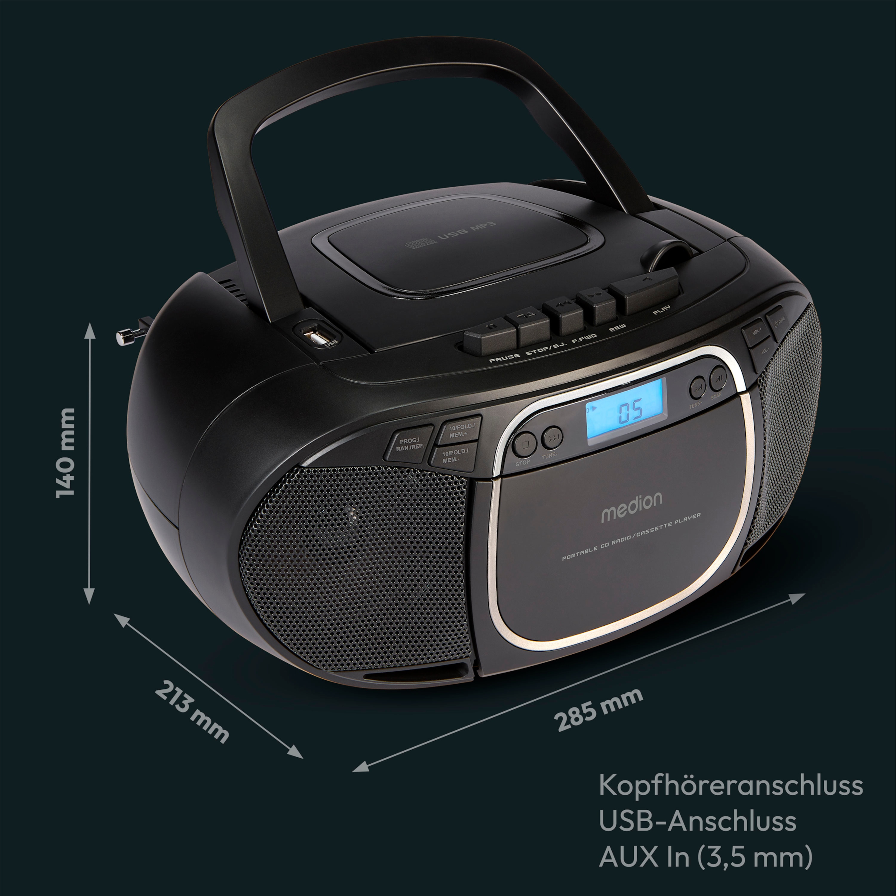Schwarze Boombox mit Griff, Bedienelementen und Display; Abmessungen gezeigt.