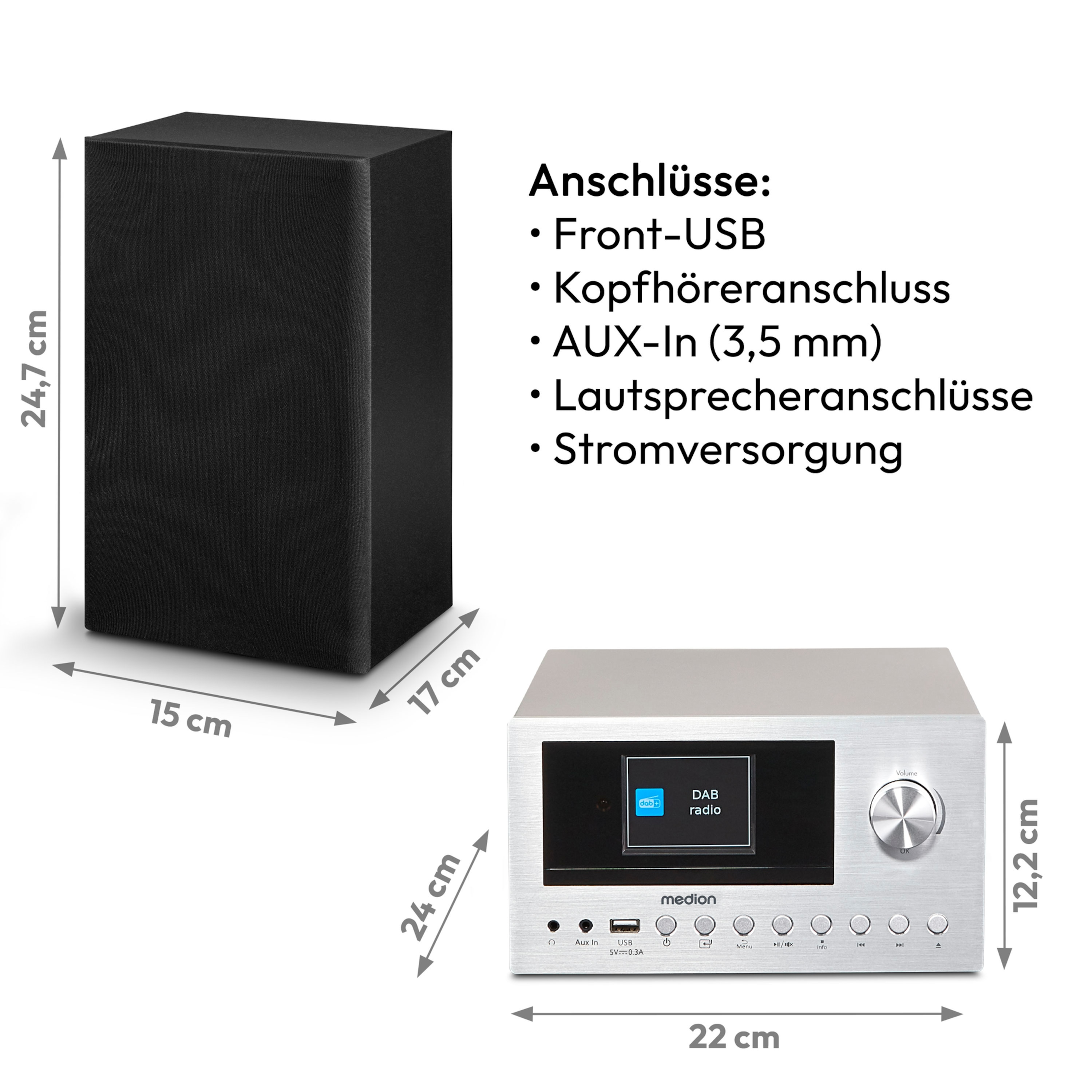 Ein schwarzer Lautsprecher und ein silbernes Radio mit Details zu Abmessungen und Anschlüssen.