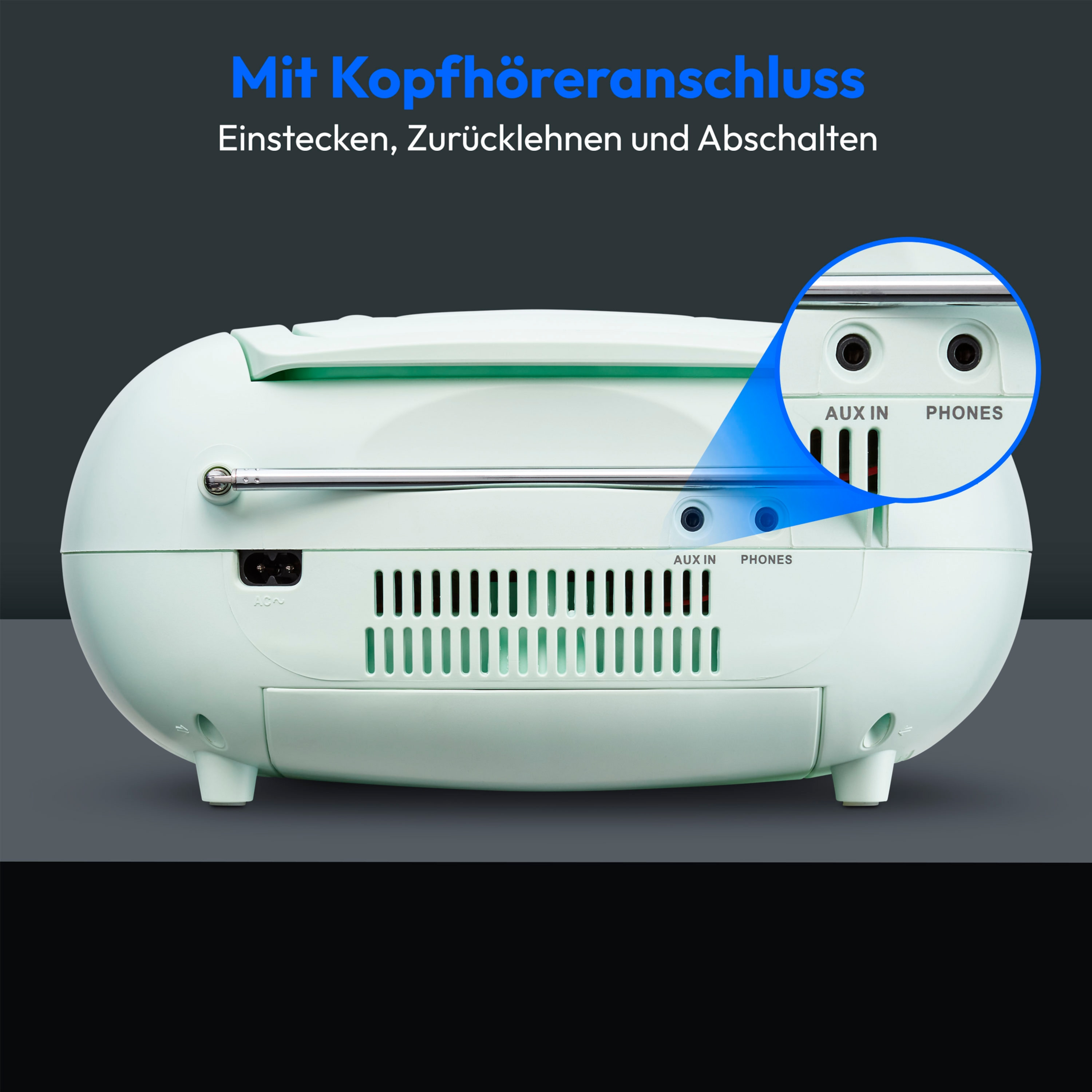 Radio im Retro-Stil in Mintgrün. Es hat ein kreisförmiges Design mit Knöpfen und Lautsprechergittern.