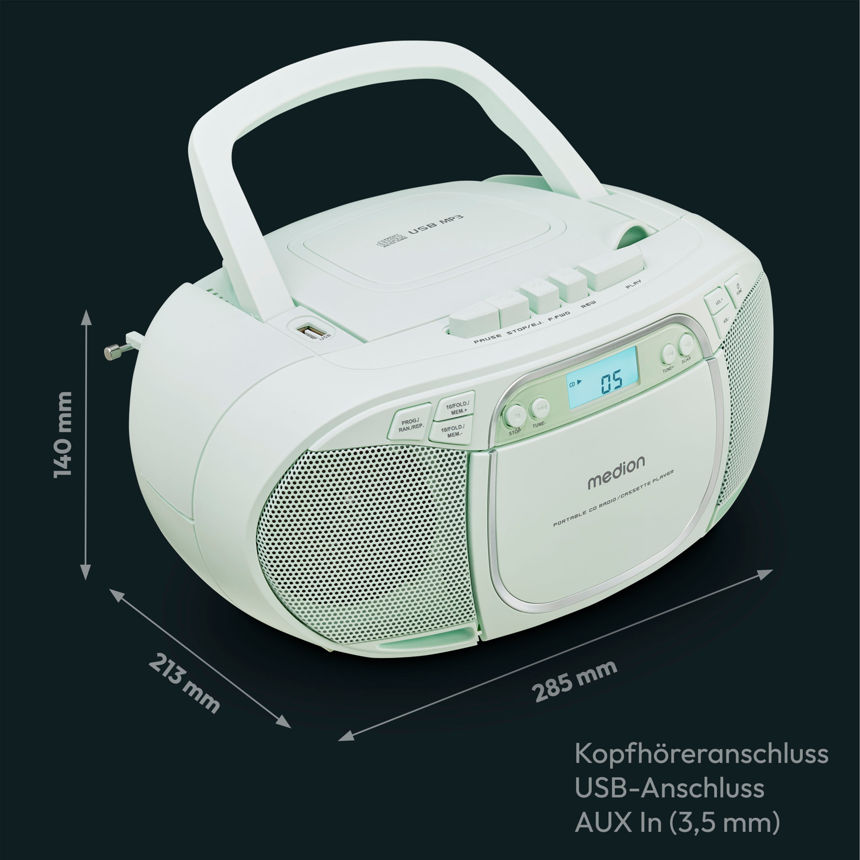 Weißer tragbarer Radio/Kassetten-Player mit Maßen. Inklusive CD-, USB- und AUX-Eingang.