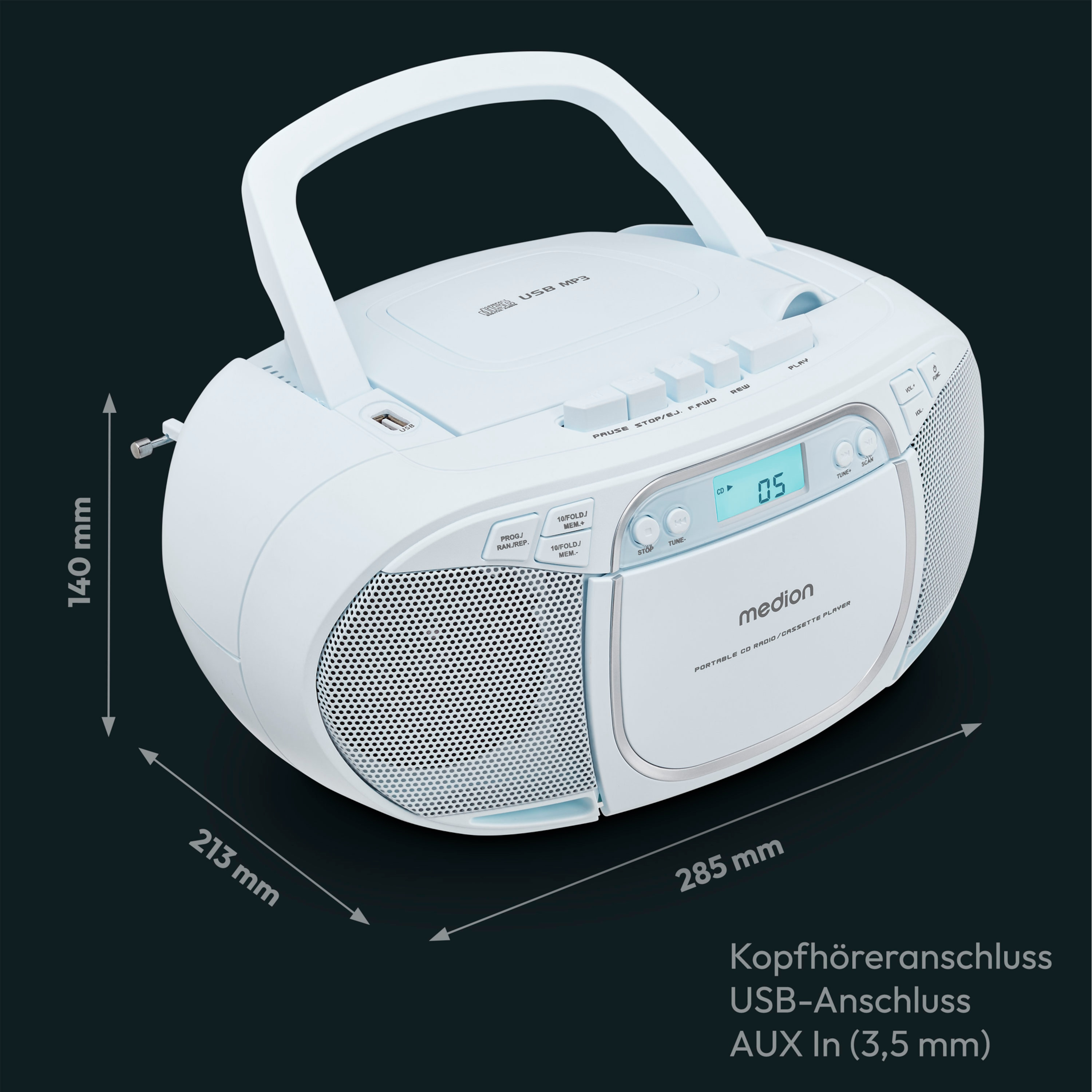 Radio portatile bianca con schermo e dimensioni.