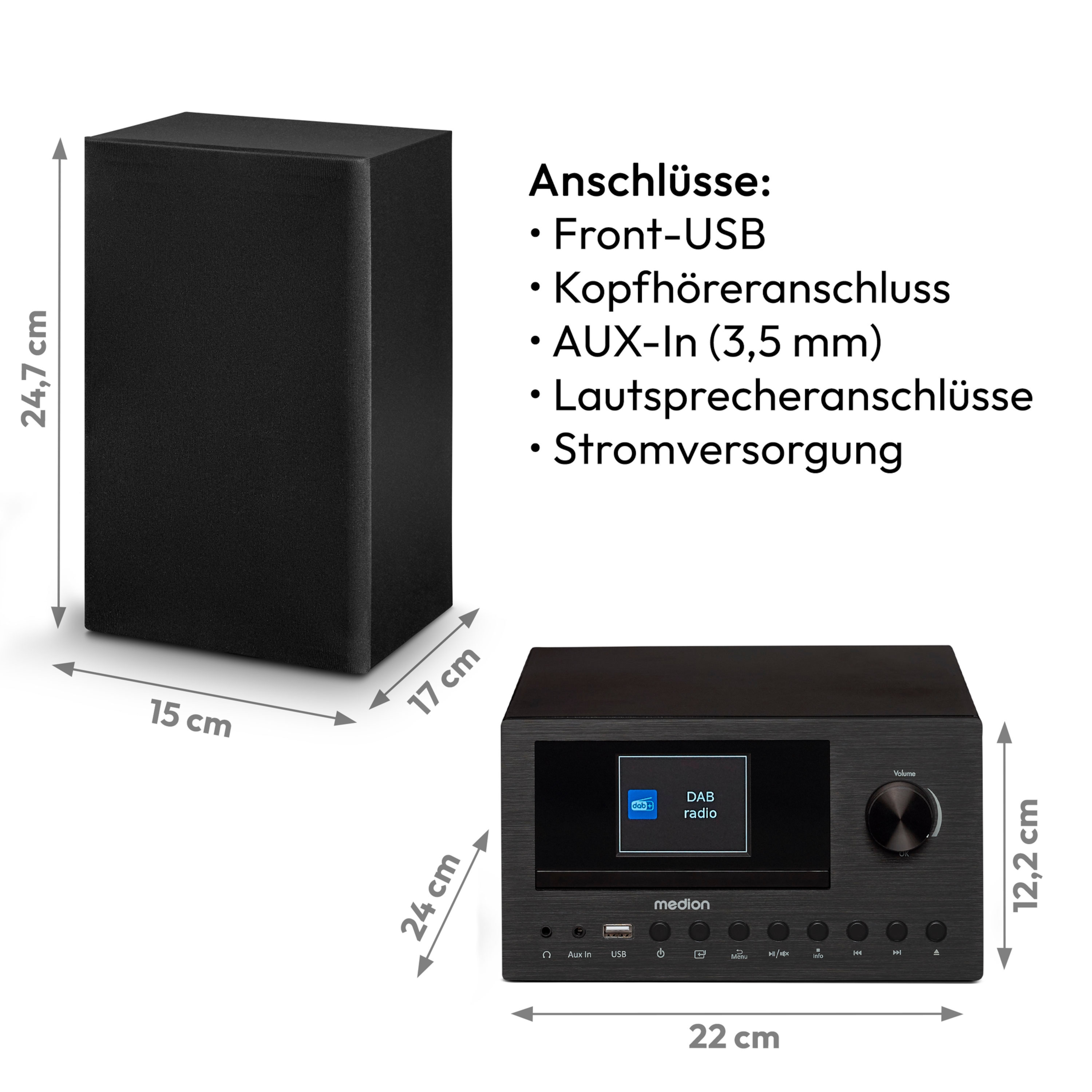 Un equipo estéreo negro con un altavoz. El sistema tiene una pantalla y botones. El fondo es blanco.