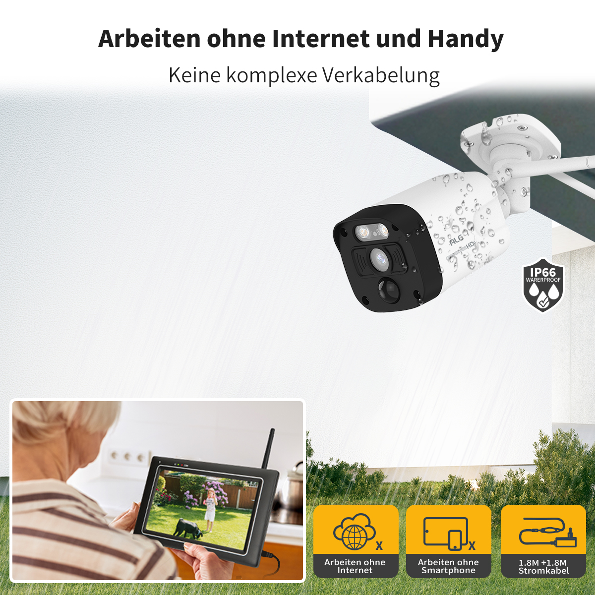 Eine Frau schaut auf ein Tablet mit Live-Kamera. Eine weiße Überwachungskamera ist an der Wand montiert.