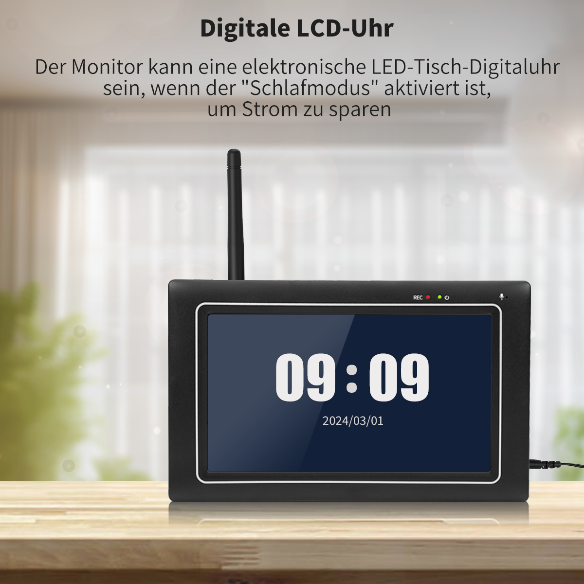 Eine schwarze LCD-Uhr mit der Anzeige 09:09 und dem Datum 2024/03/01. Eine schwarze Antenne ist ebenfalls sichtbar.