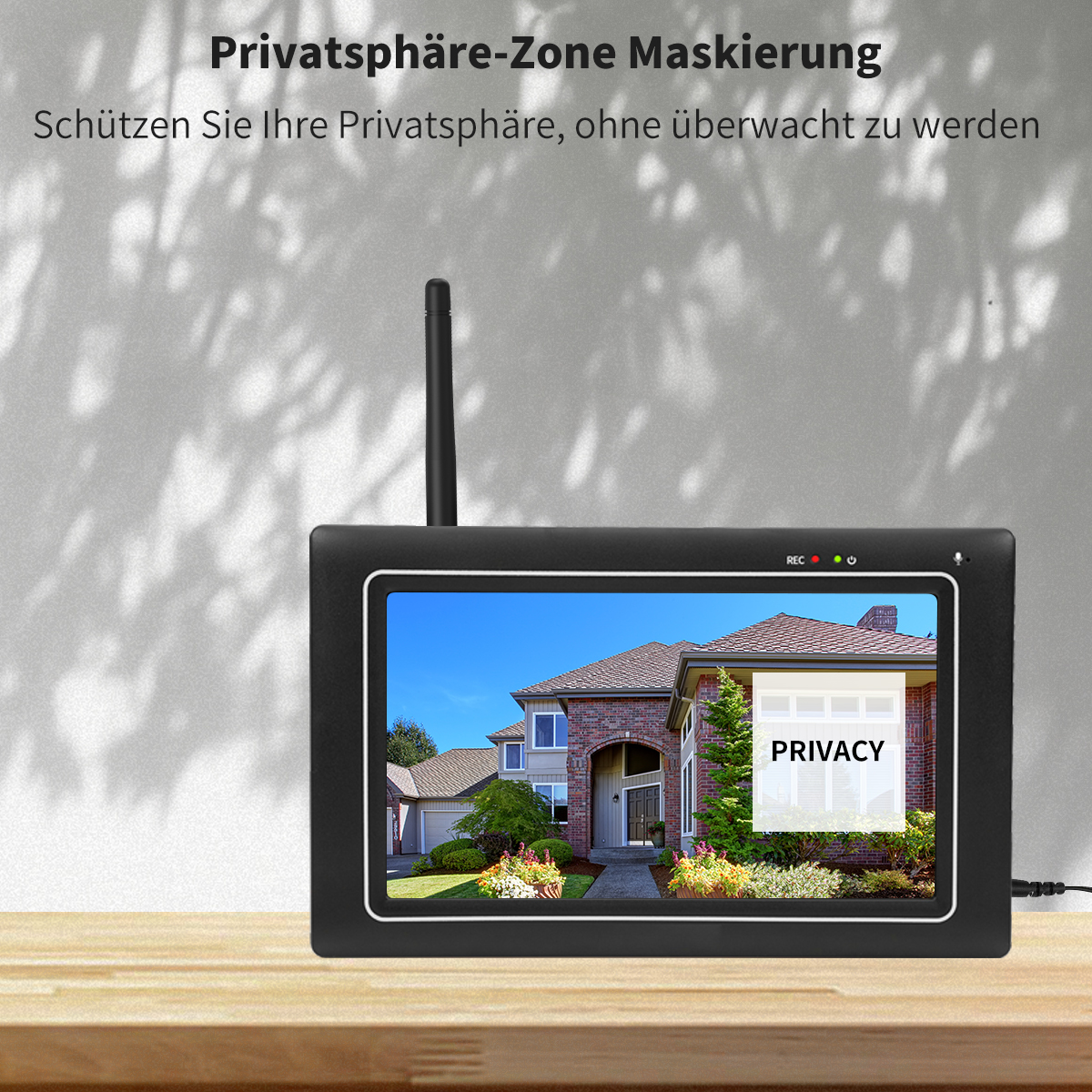Schwarzer Sicherheitsmonitor, der ein Haus mit einer Datenschutzwarnmeldung zeigt.