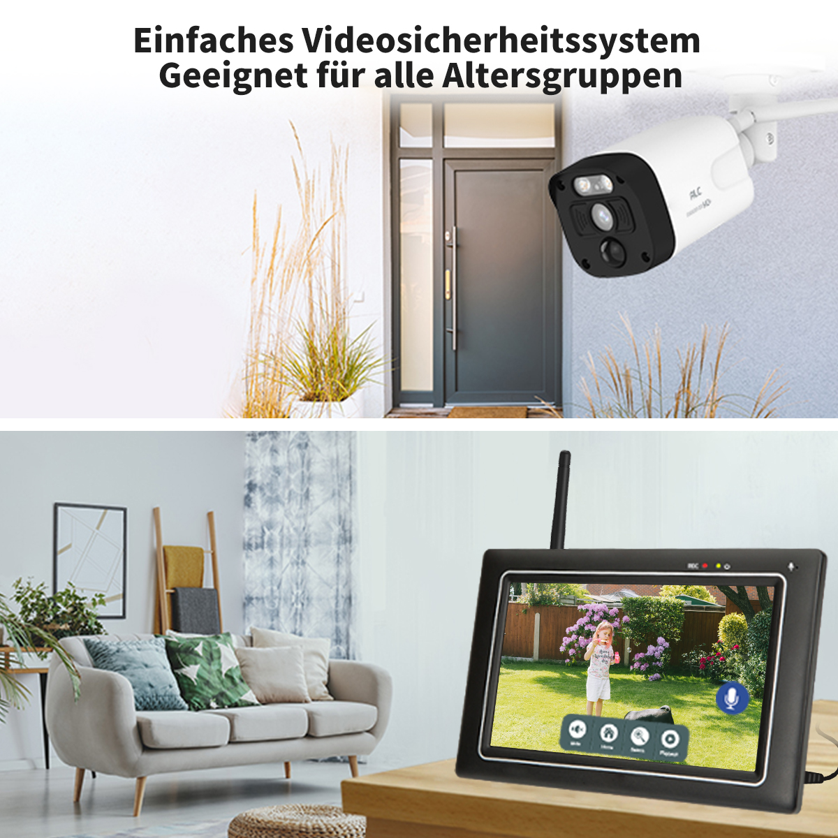 Sicherheitskamerasystem. Oben ist eine Kamera, unten ein Monitor zu sehen.