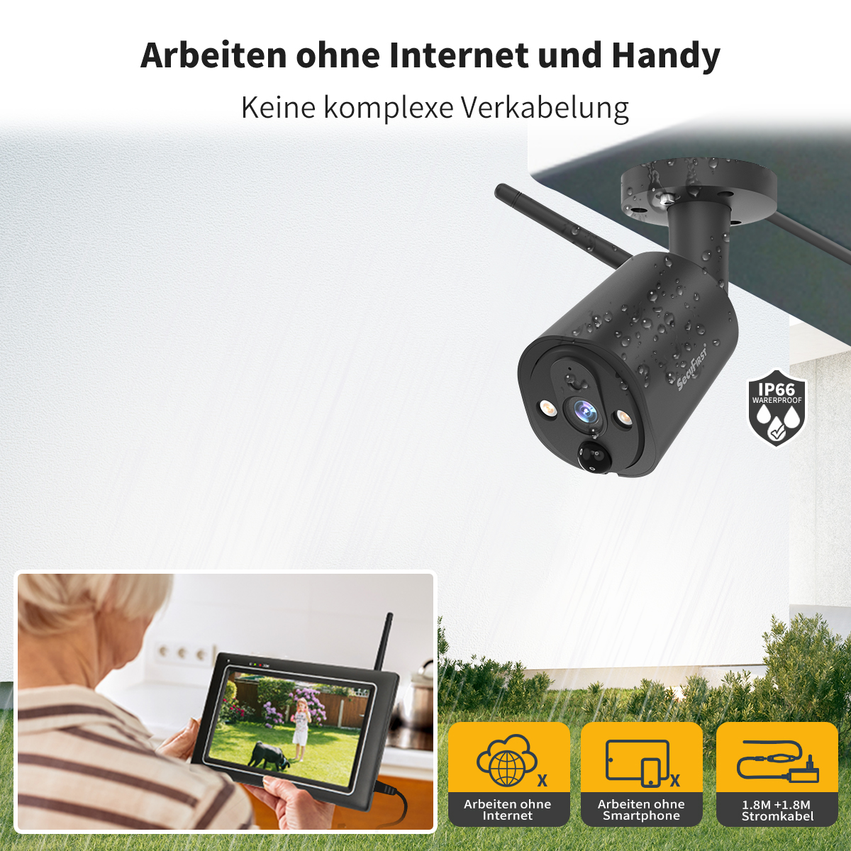 Schwarze Überwachungskamera mit Text. Ein Tablet zeigt die Ansicht der Kamera. Symbole für Internet- und Smartphone-Nutzung.