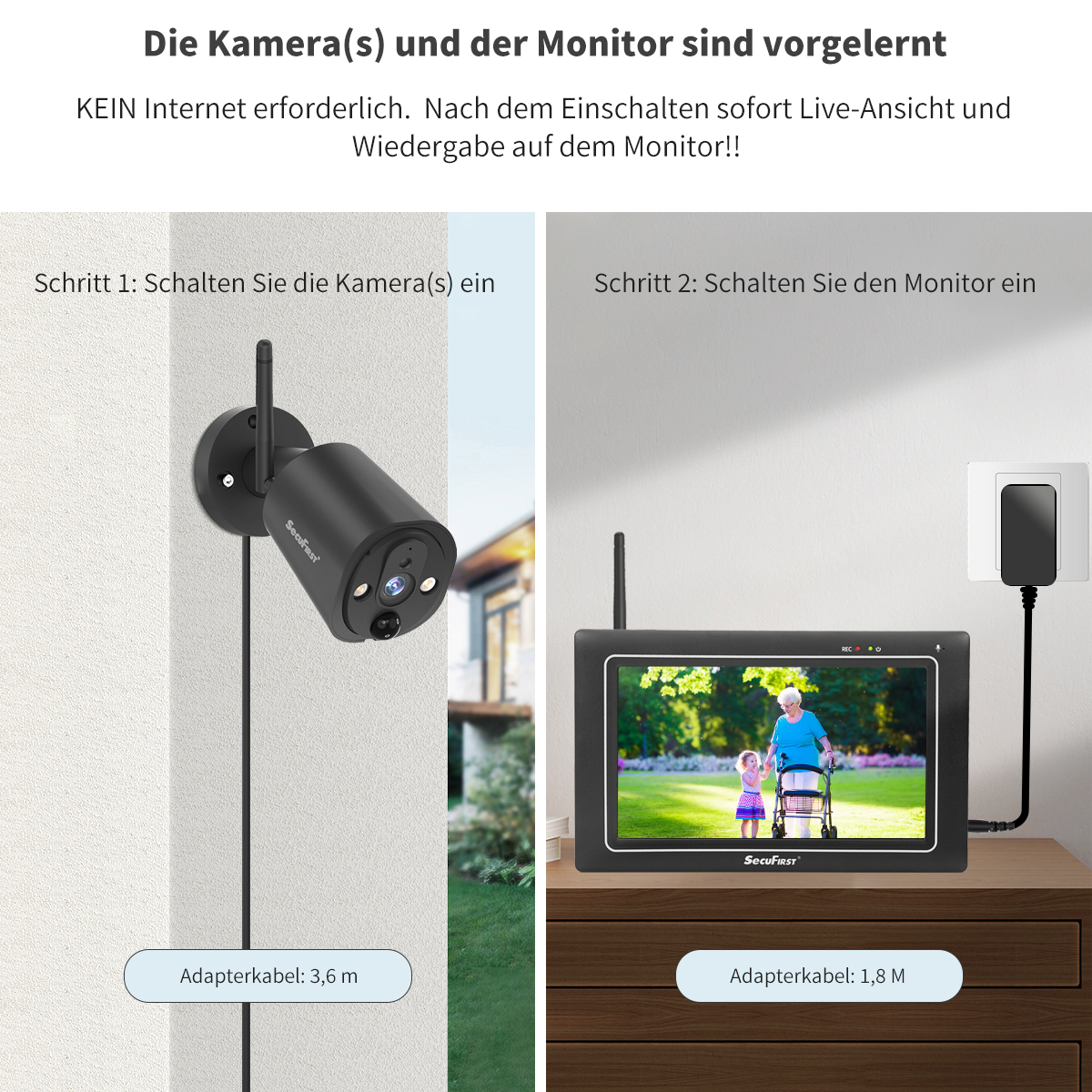 Überwachungskamera und Monitor-Setup. Kamera an der Wand, Monitor auf dem Tisch. Draußen.