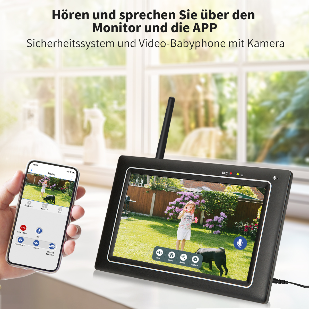 Ein Babyphone zeigt einen Garten mit Kind und Hund. Ein Telefon zeigt dasselbe Bild.