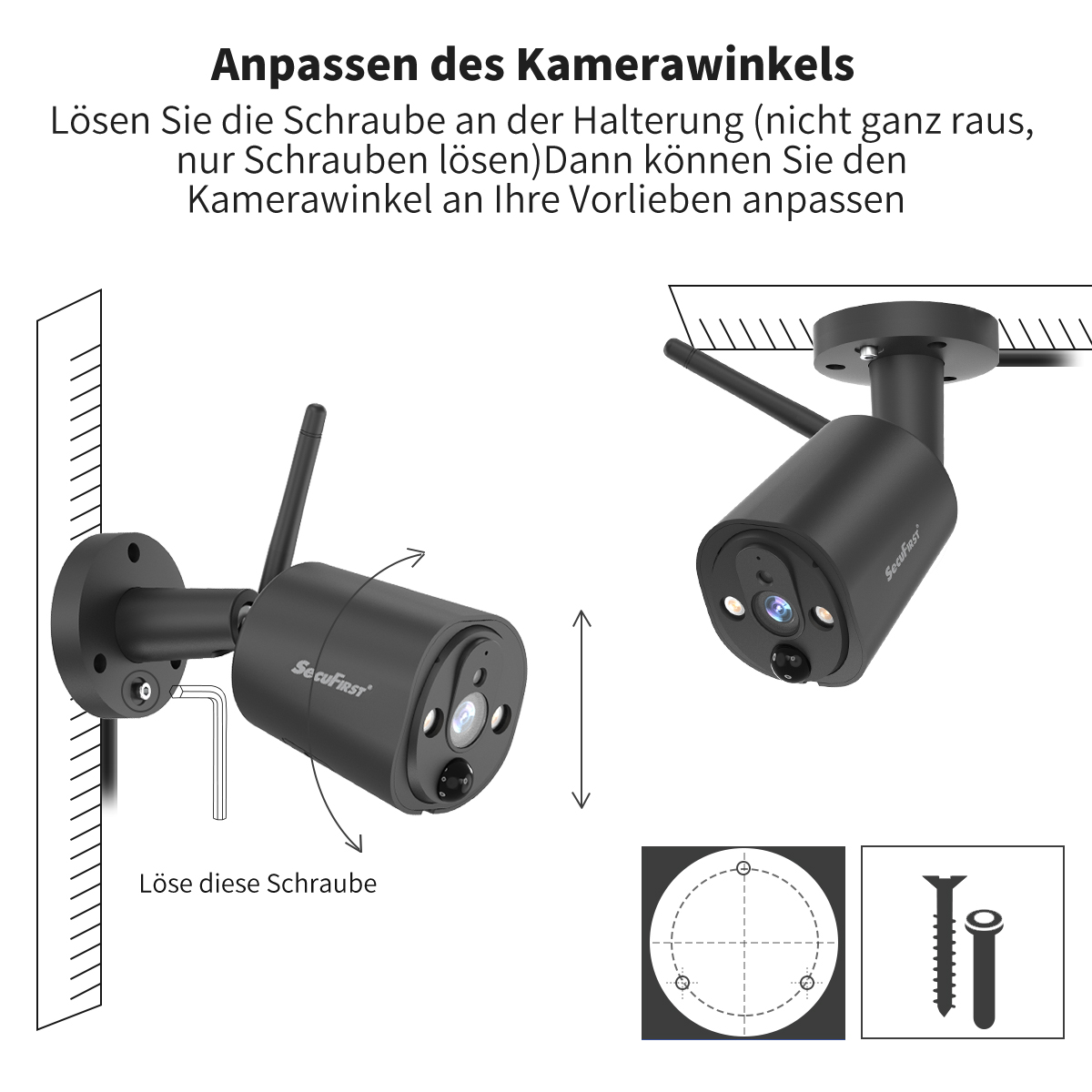 Zwei schwarze Überwachungskameras mit Anweisungen und Diagrammen. Eine Kamera an der Wand, die andere an der Decke.