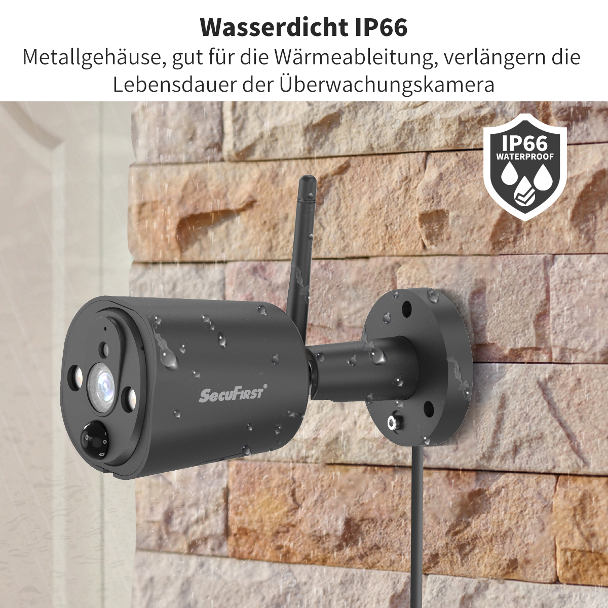 Schwarze Überwachungskamera an einer Steinmauer. Zeigt Wassertropfen und IP66-Symbol.