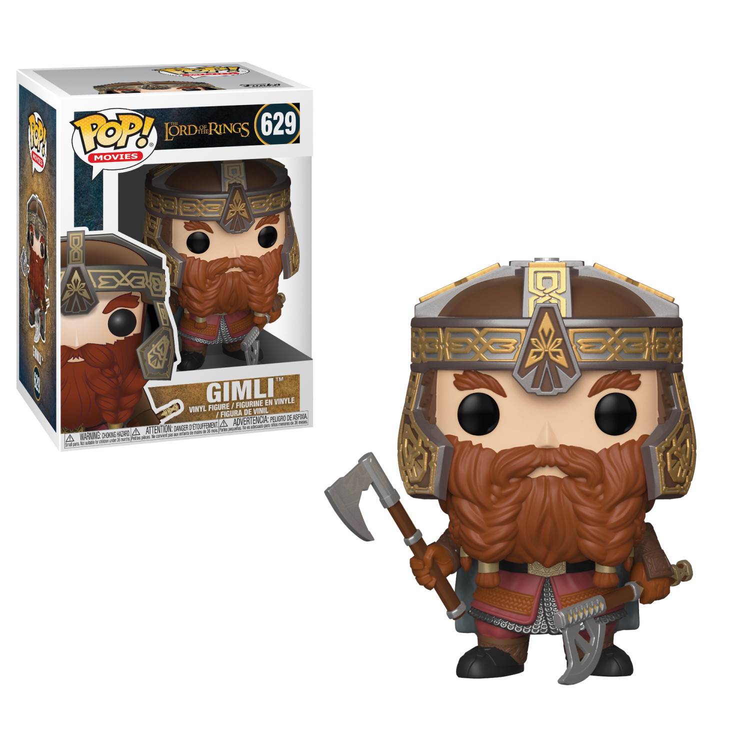 Figura Funko Pop de Gimli y caja. Gimli sostiene un hacha y se ve otra. Lleva armadura.