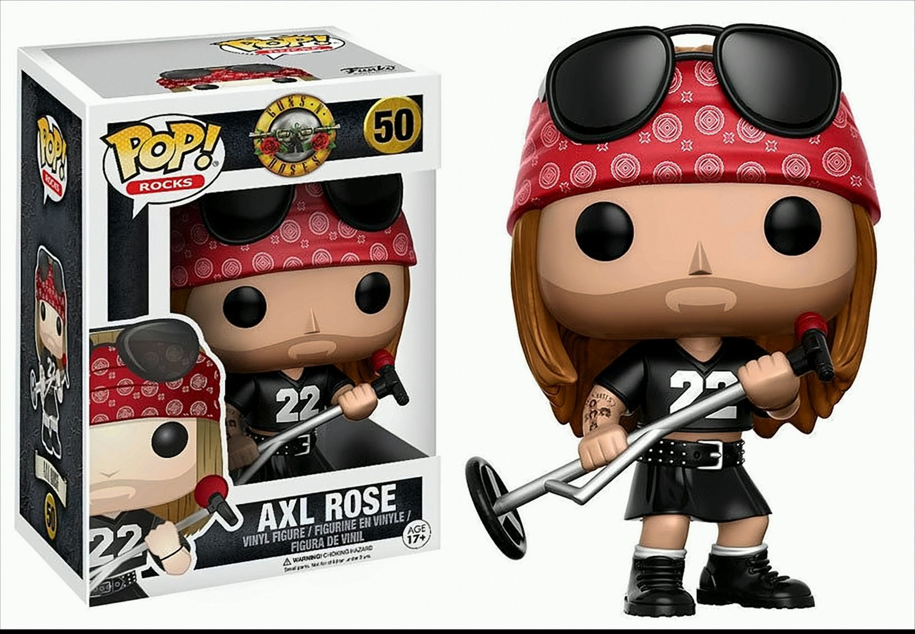Figura Funko Pop de Axl Rose con micrófono, en una caja. Lleva pañuelo y sostiene un micrófono.