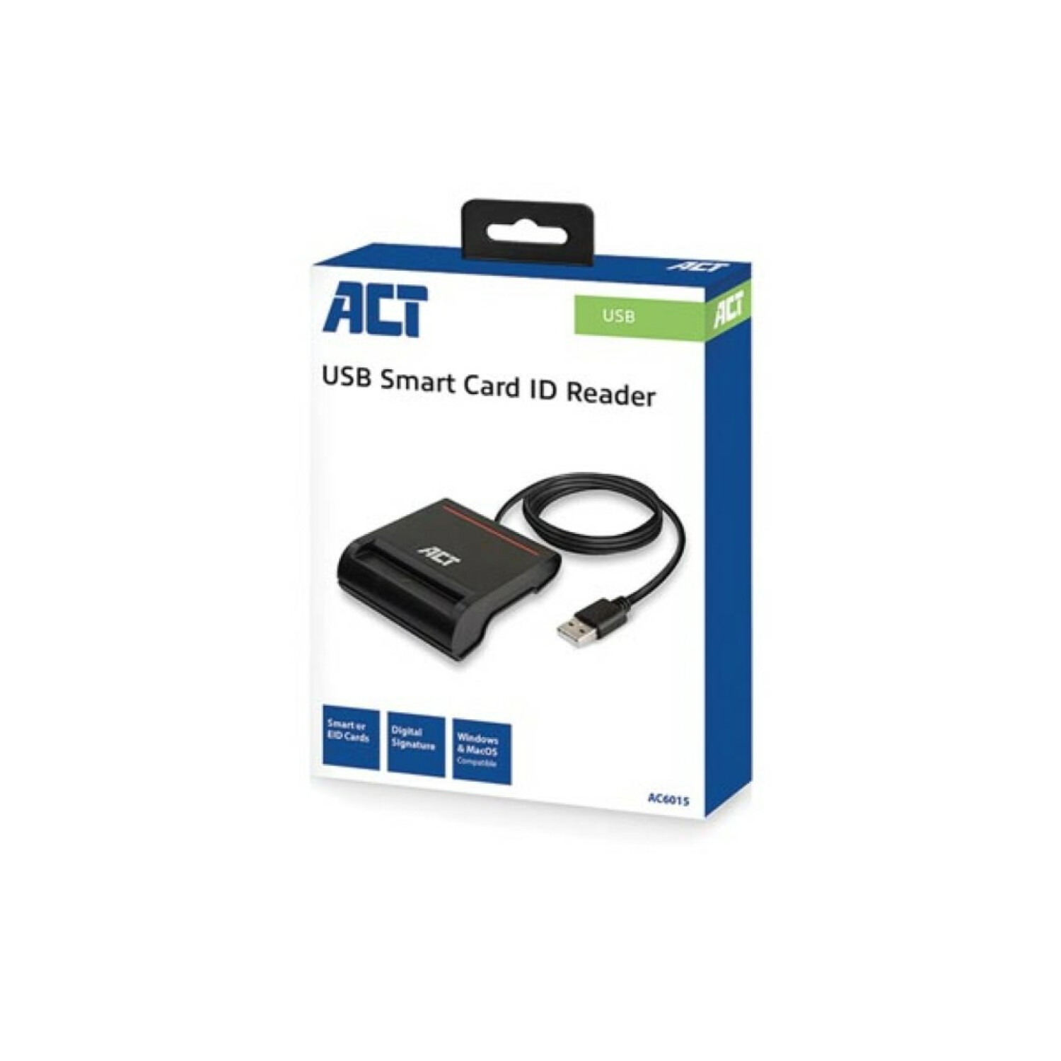 Una scatola nera e blu con un lettore di smart card USB e un cavo USB.