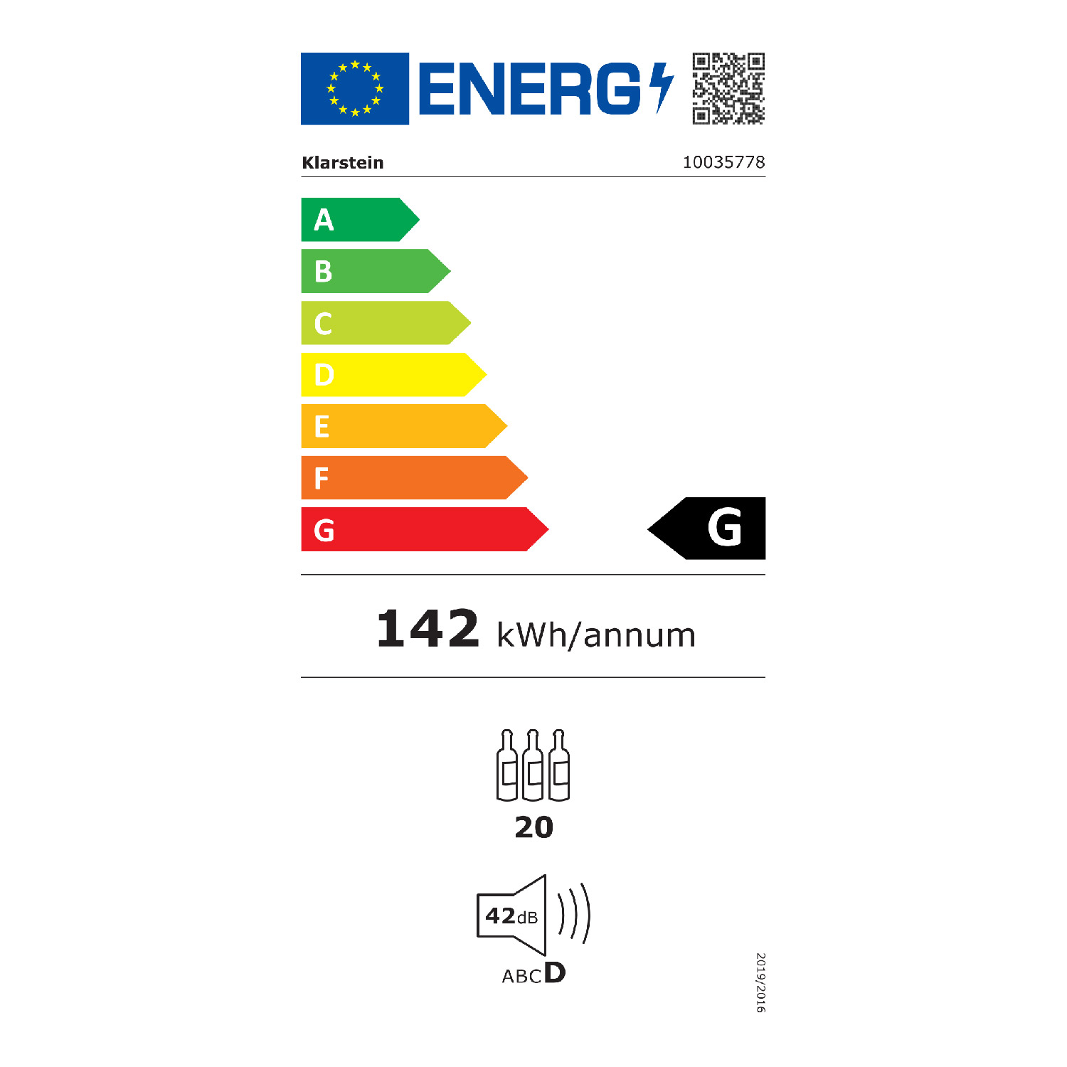 Energielabel. Zeigt Informationen zur Energieeffizienz, einschließlich einer G-Bewertung.