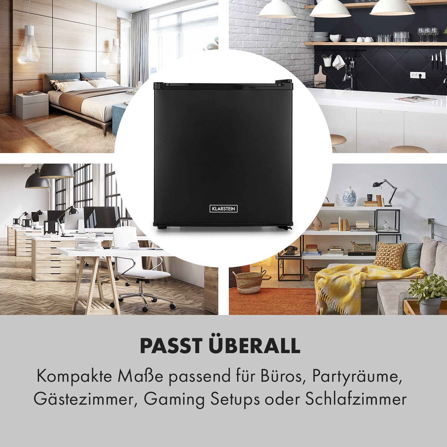 Mini frigo nero in vari ambienti interni. Testo: 'PASS ÜBERALL'.