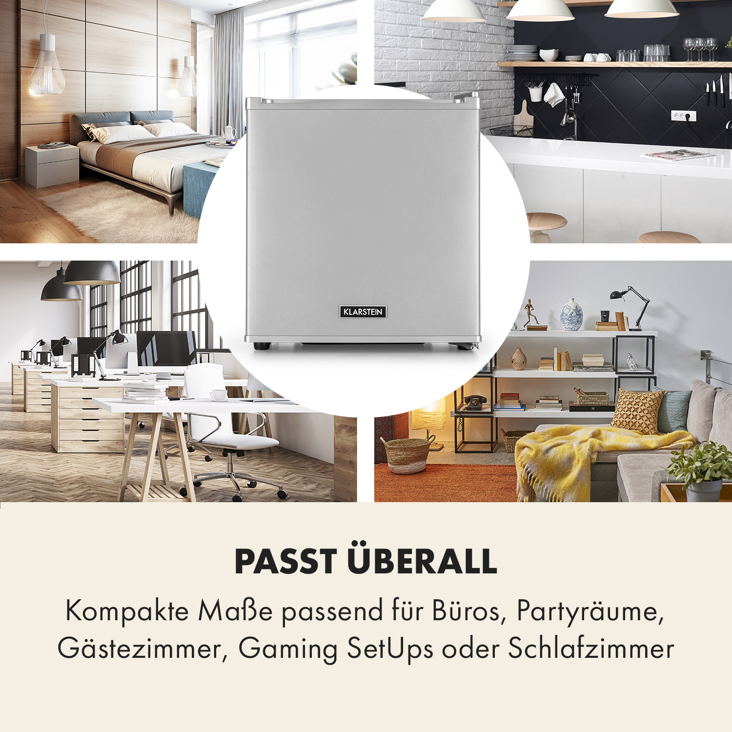 Kühlschrank in verschiedenen Räumen: Schlafzimmer, Küche, Büro, Wohnzimmer.
