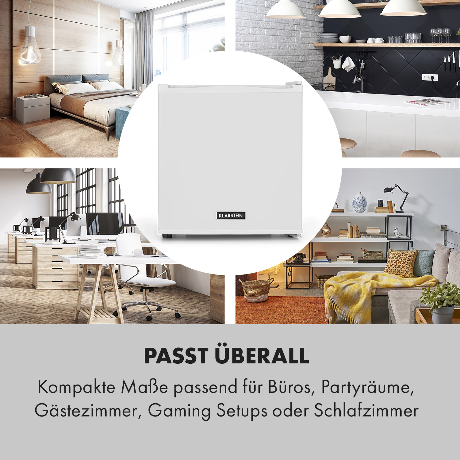 Weißer Mini-Kühlschrank mit mehreren Innenszenen, die ihn umgeben.