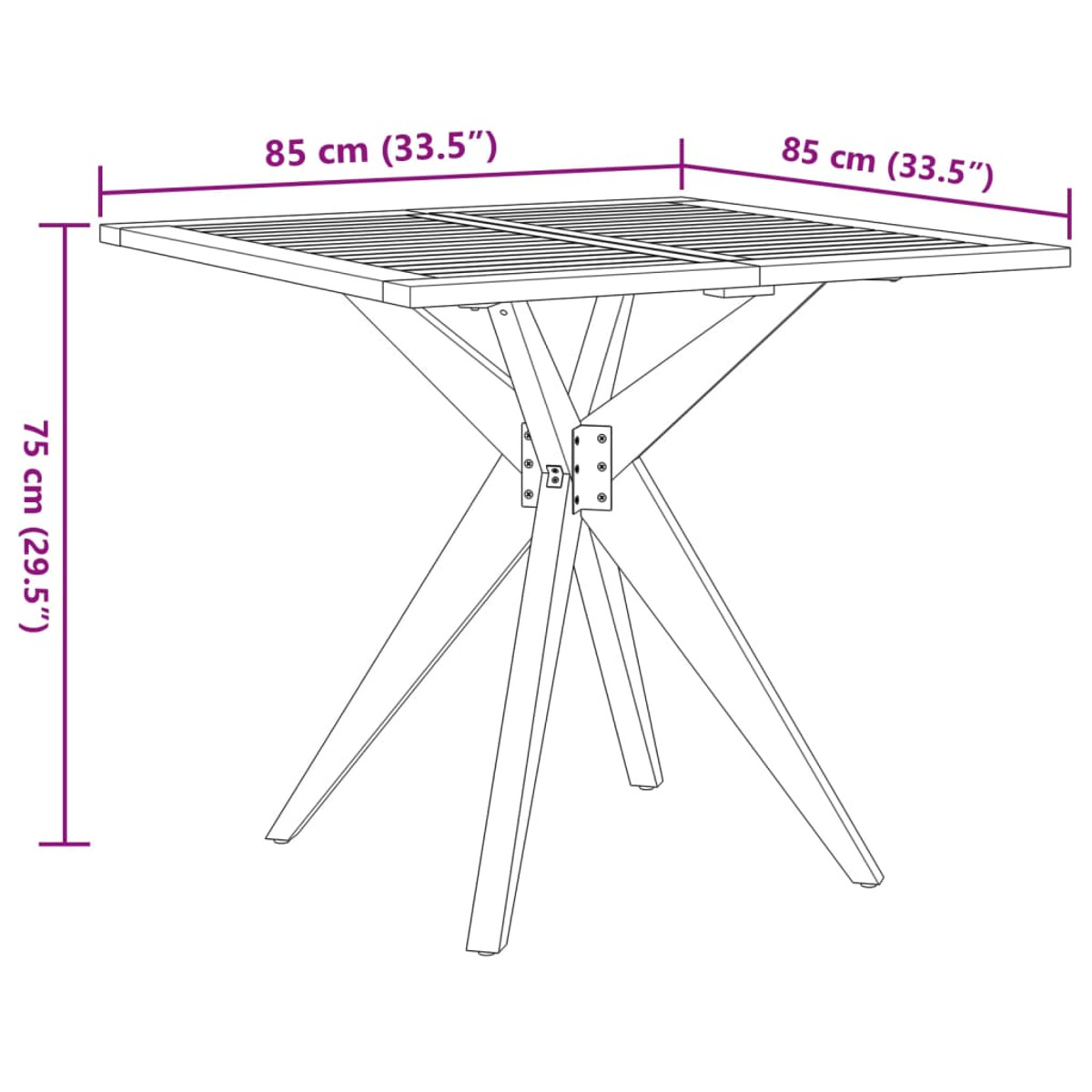 Quadratischer Gartentisch. Mit Lattenplatte und angewinkelten Beinen. Weißer Hintergrund.