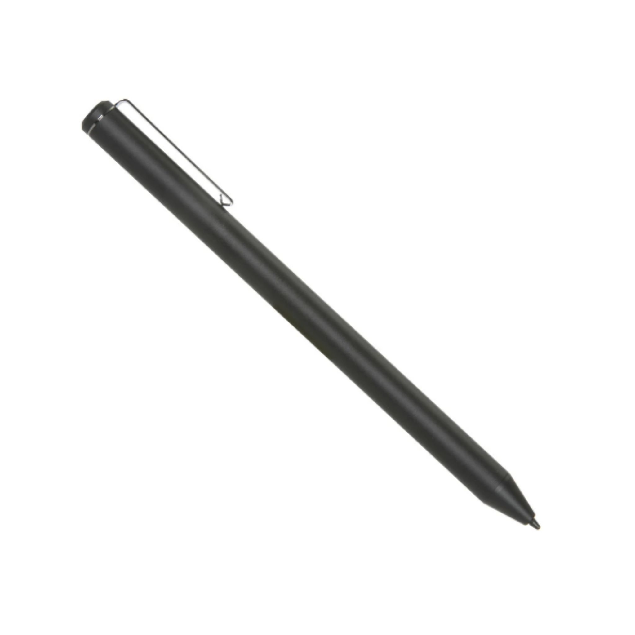 Black stylus pen with a clip, on a white background, angled view.