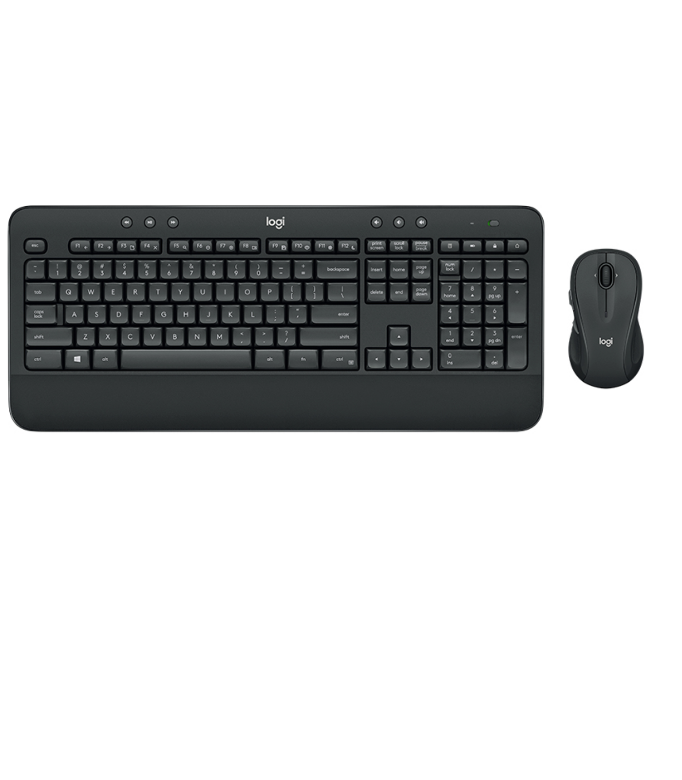 A black keyboard and mouse set, against a white background, featuring the 'Logi' brand.