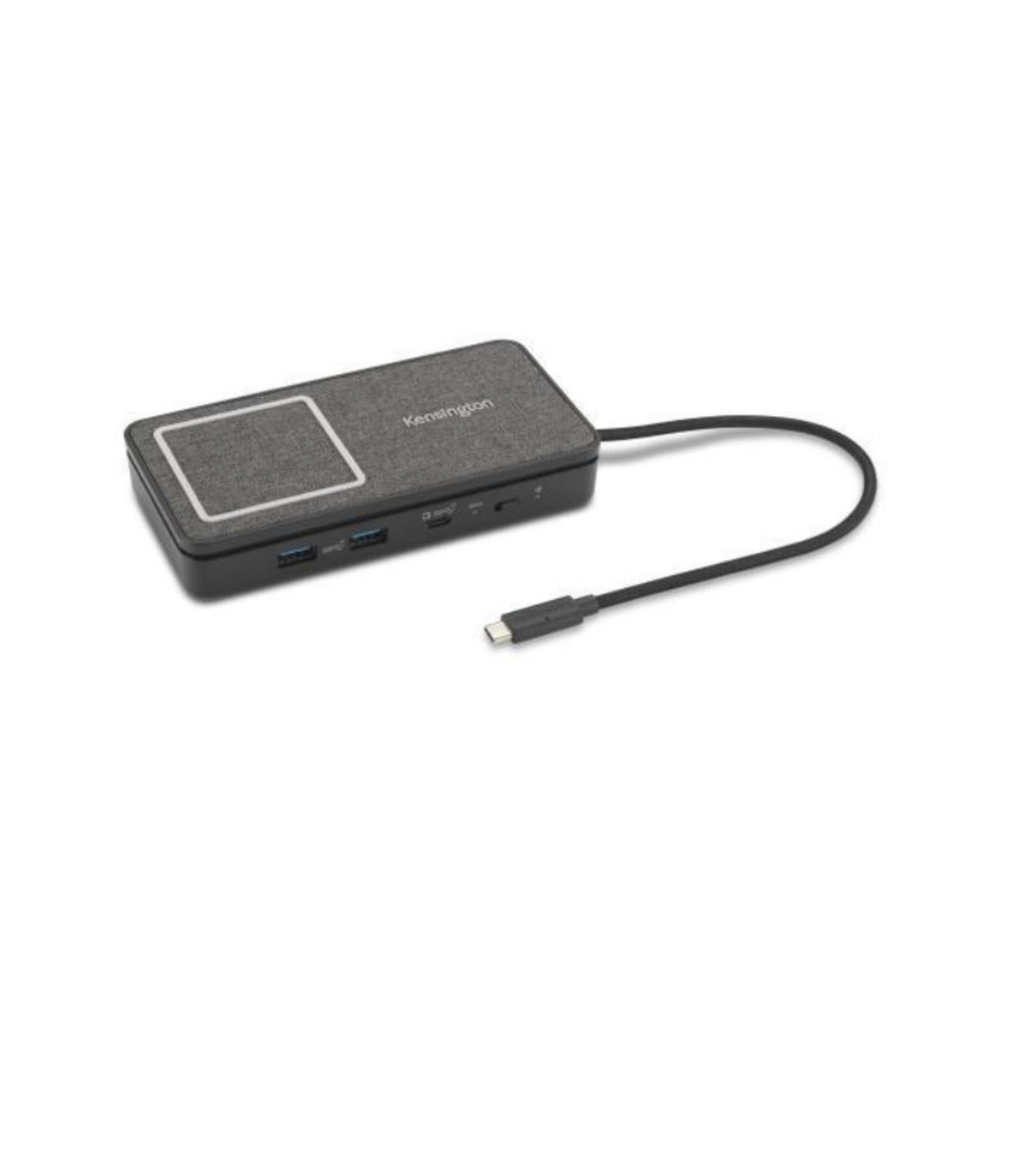 Una docking station Kensington nera e grigia con cavo USB-C, su una superficie bianca.
