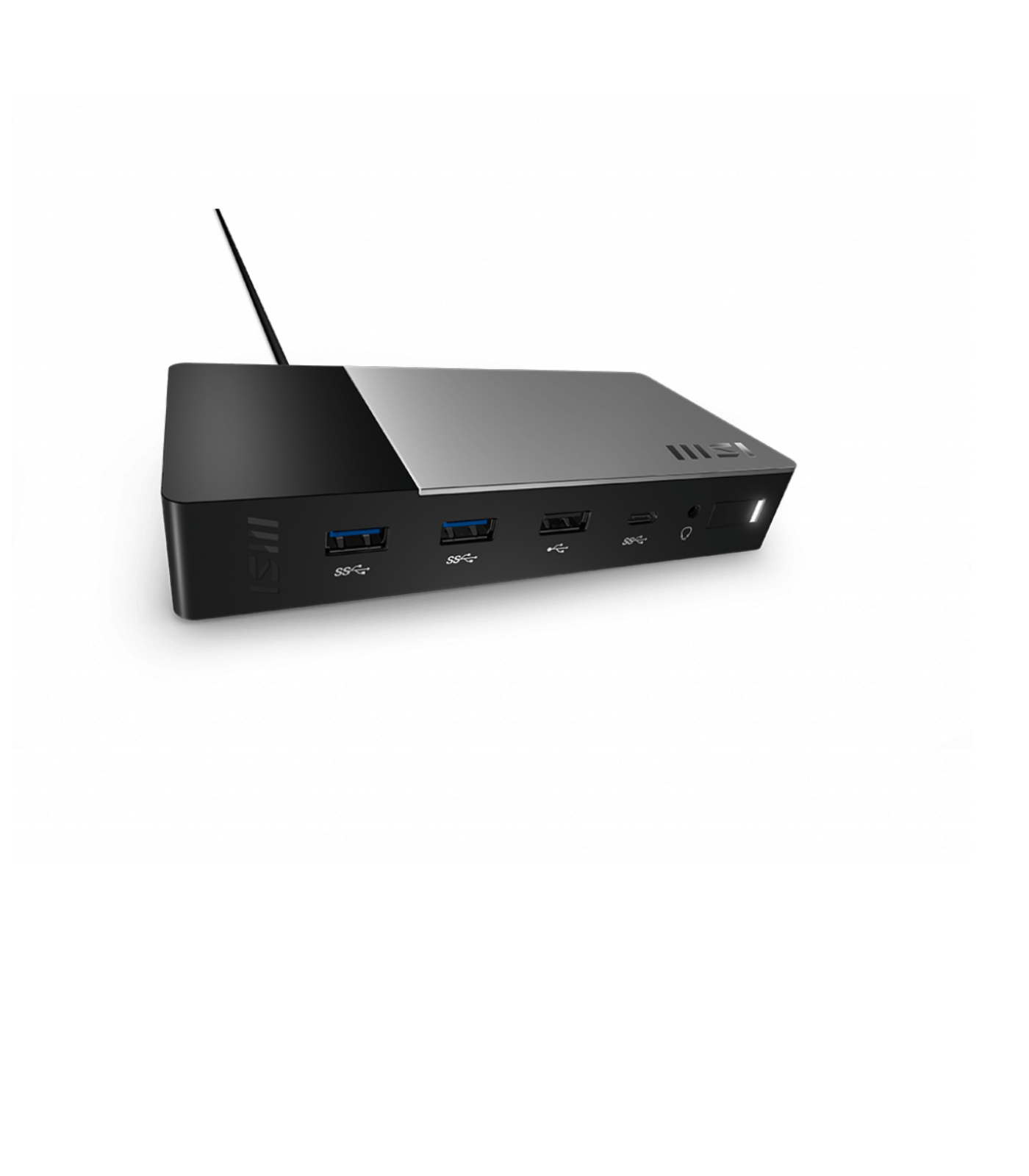 Un piccolo dispositivo informatico nero e argento con diverse porte, un'antenna e un design minimalista.
