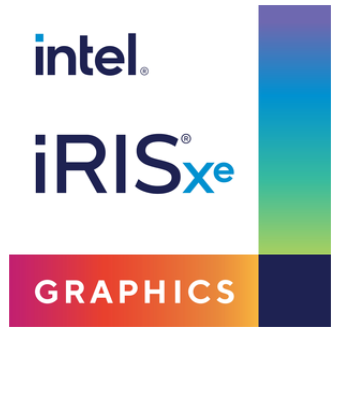 The Intel Iris Xe Graphics logo on a white background with color gradients from blue to orange and green.