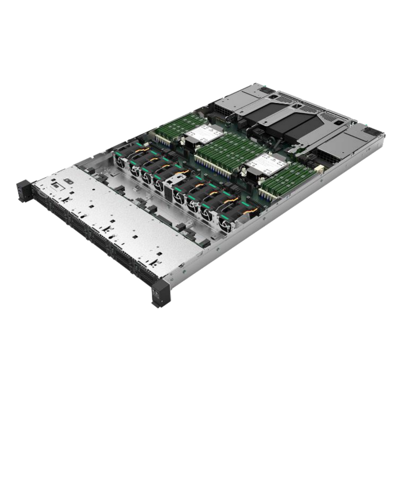 Server per computer con cassa aperta che mostra componenti interni, argento e verde.
