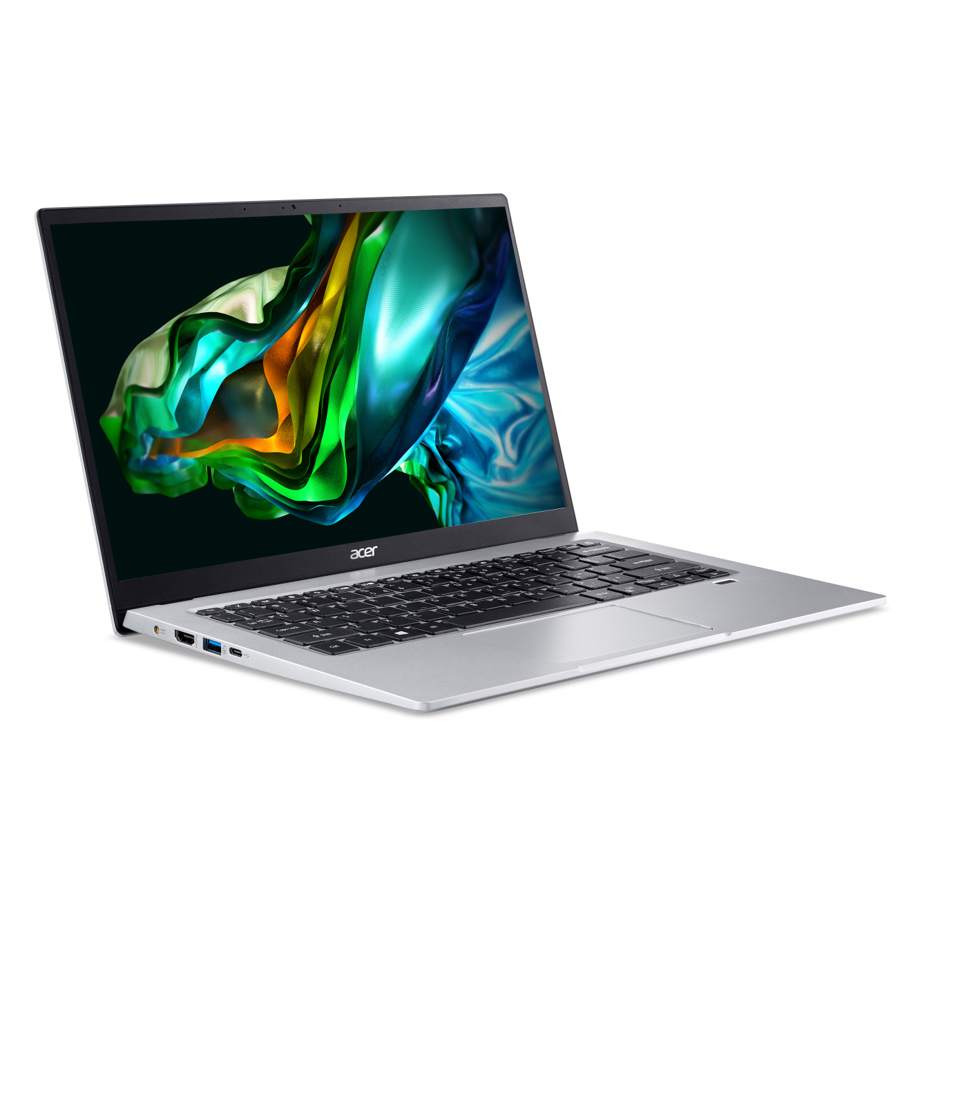 Silberner Laptop mit einem lebendigen, abstrakten Hintergrund auf dem Bildschirm.