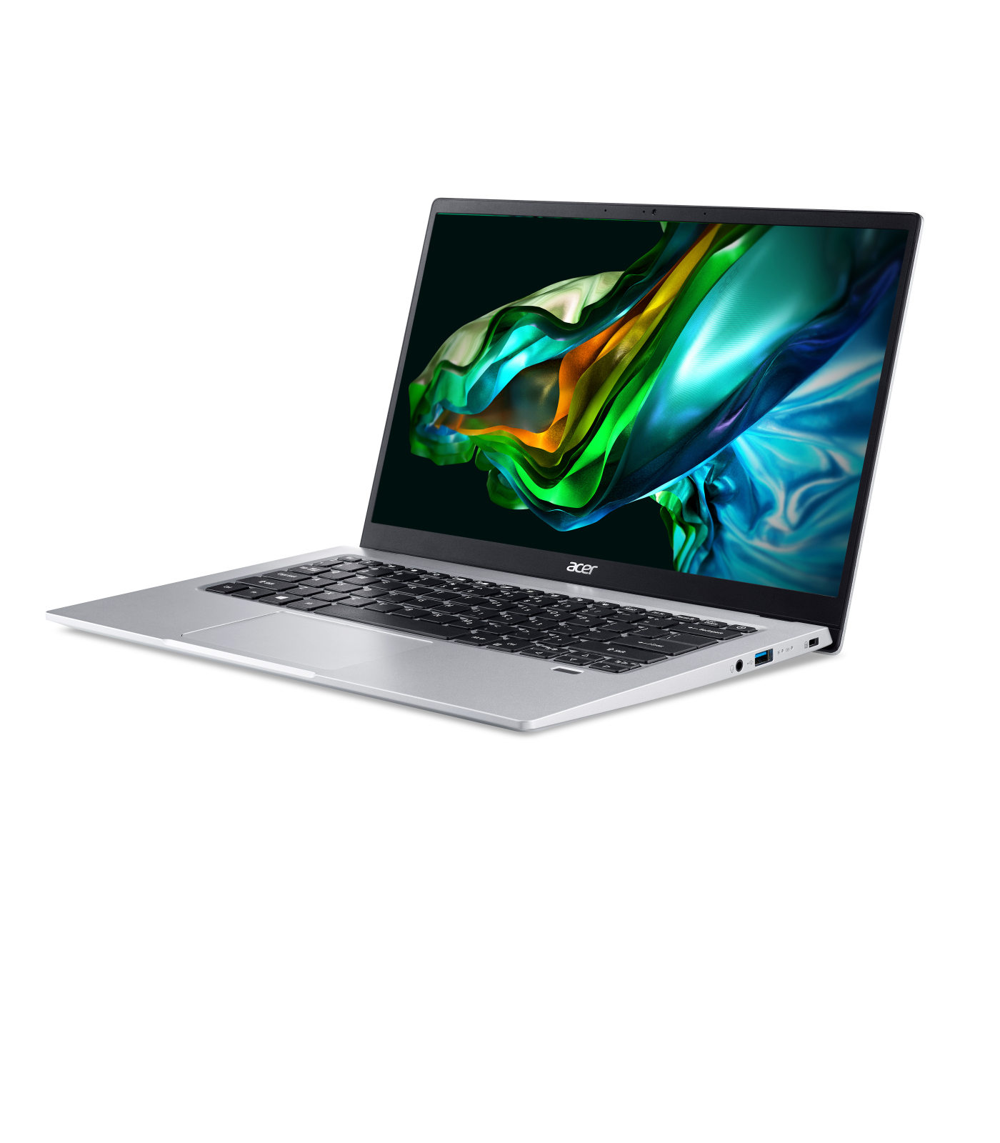 Silberner Laptop mit schwarzer Tastatur und Bildschirm mit farbenfroher abstrakter Kunst. Weißer Hintergrund.