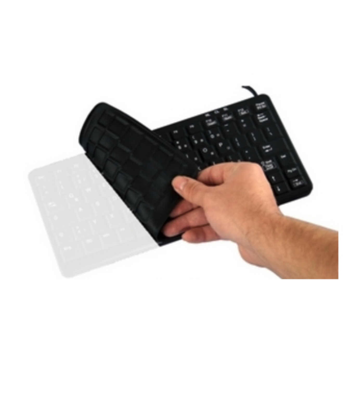 Mano sosteniendo una funda de teclado negra. Un teclado debajo, parcialmente visible.