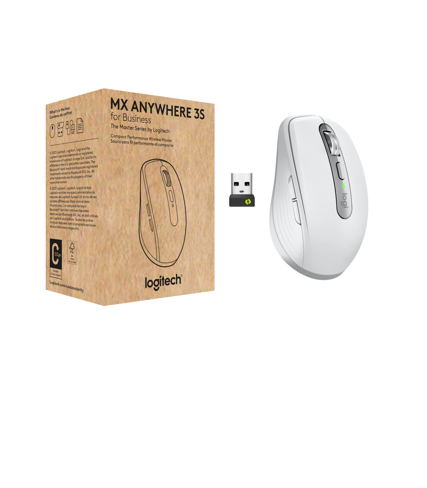 Pudełko z myszą na białym tle. Mysz jest biała z czarnym odbiornikiem USB.