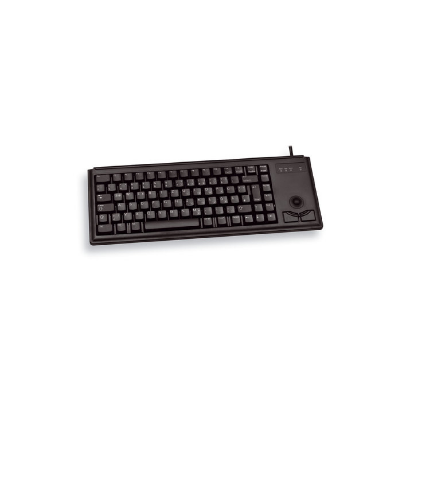 Schwarze Tastatur mit Trackball und Tasten. Sie befindet sich auf weißem Hintergrund.