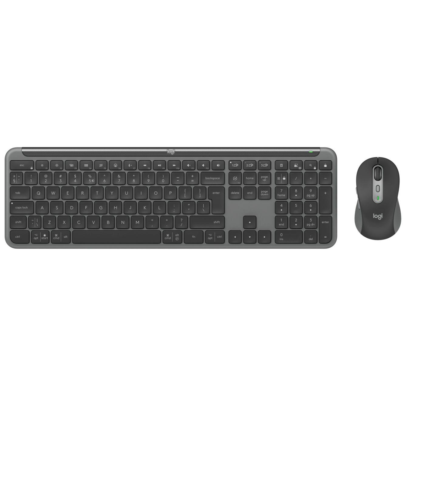 Dark grey Logitech keyboard and mouse set on a white background. The keyboard has a number pad.