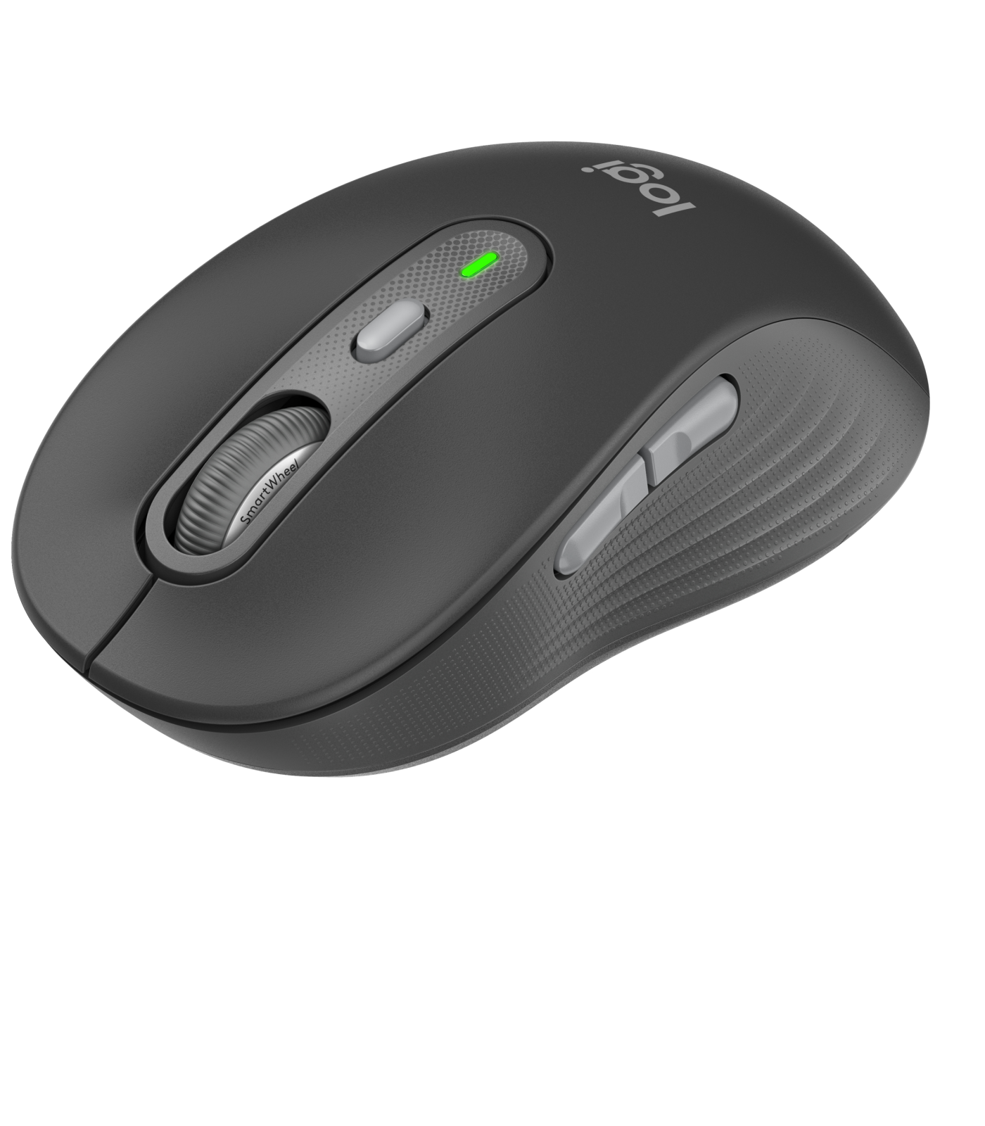 Black Logitech mouse, with wheel, buttons, and green power light.