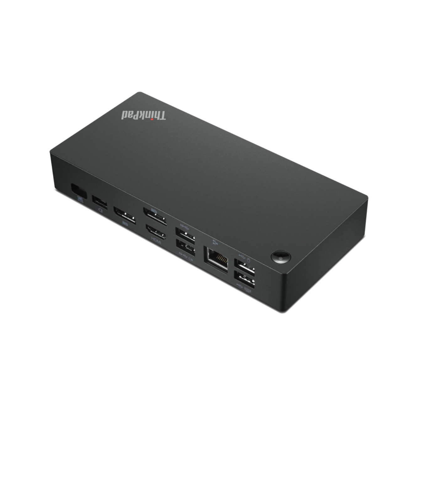 Schwarze ThinkPad-Dockingstation mit verschiedenen Anschlüssen, einschließlich HDMI und USB.
