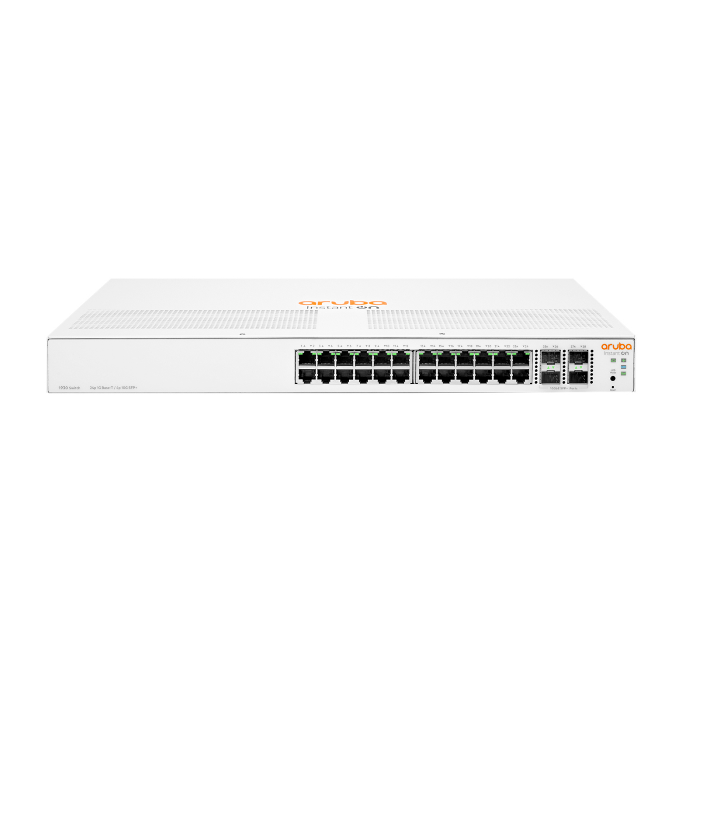 Switch di rete Aruba bianco. Pannello frontale con porte e luci. Logo Aruba a destra.