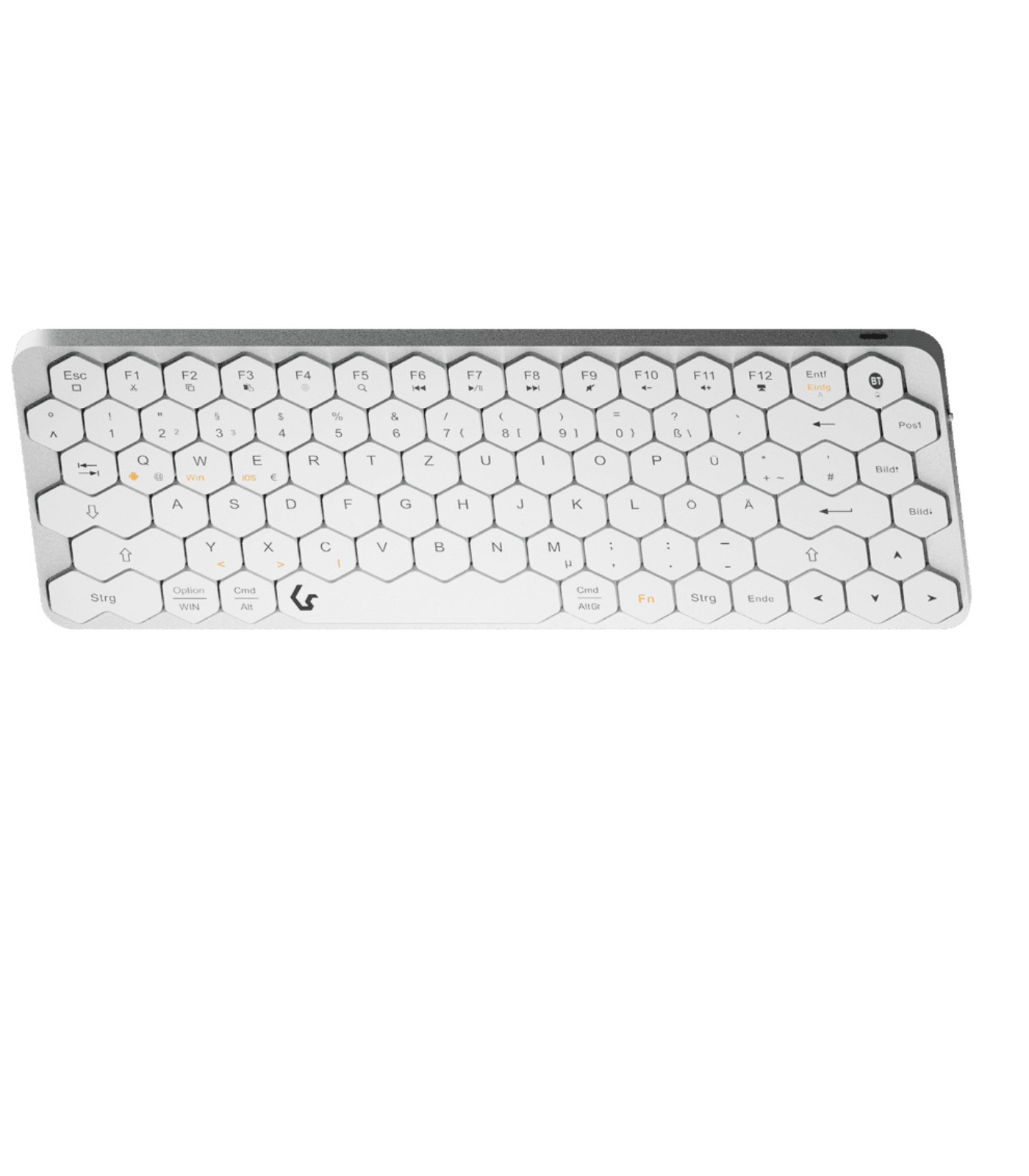 Tastiera bianca, esagonale. Tasti neri, logo Logitech. Sfondo bianco.
