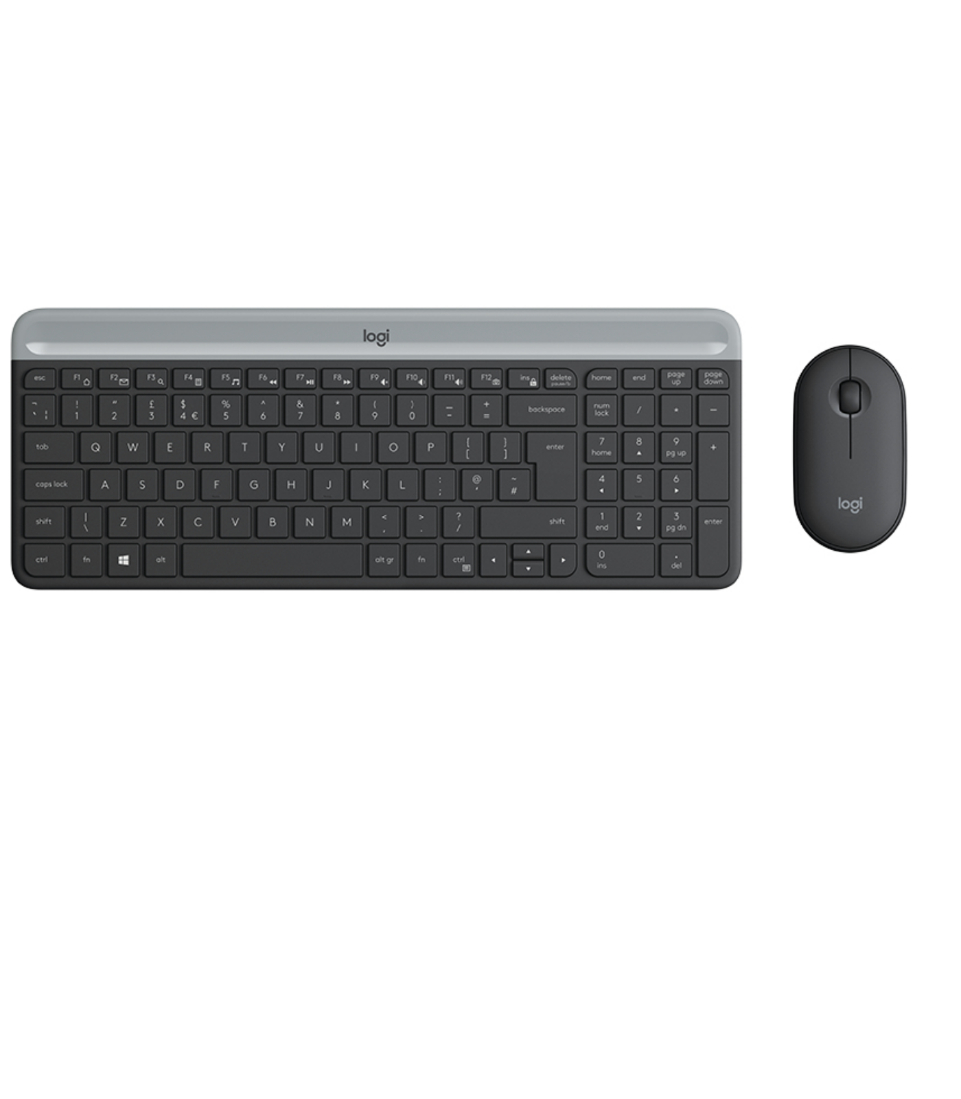 Ein schwarzes Tastatur- und Maus-Set mit einem grauen Oberteil auf der Tastatur. Die Maus befindet sich rechts.
