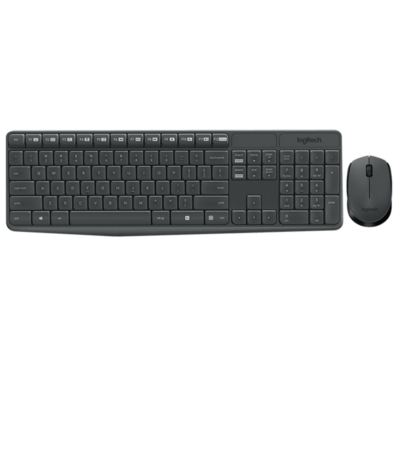 Set tastiera e mouse neri. La tastiera ha molti tasti e un tastierino numerico a destra.